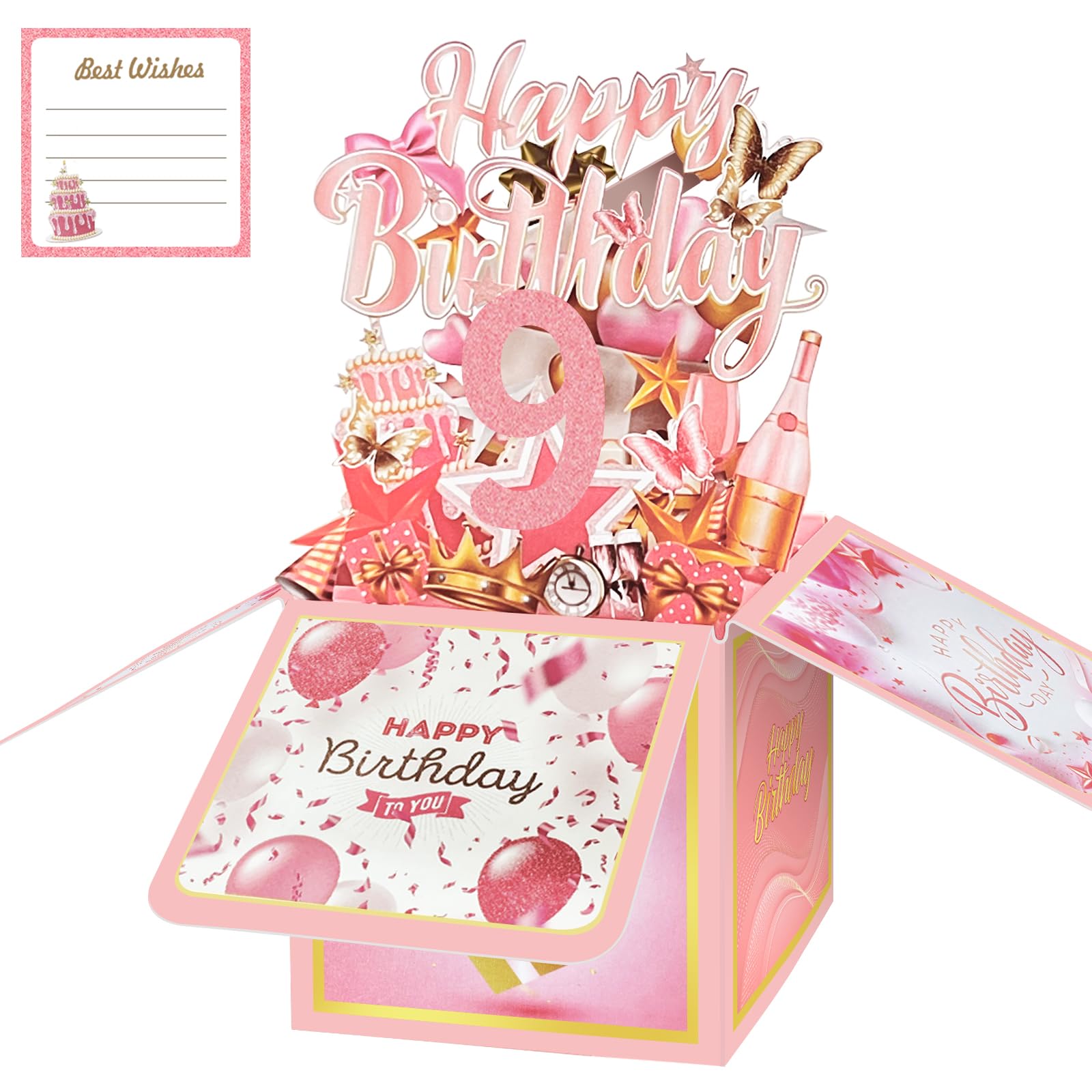 9th Birthday Card with Envelopes for Girls, Birthday Decorations for Daughter, Bday Gift Box for 9 Year Old, Unique Handmade Foldable Celebration 3D Cards for Kids