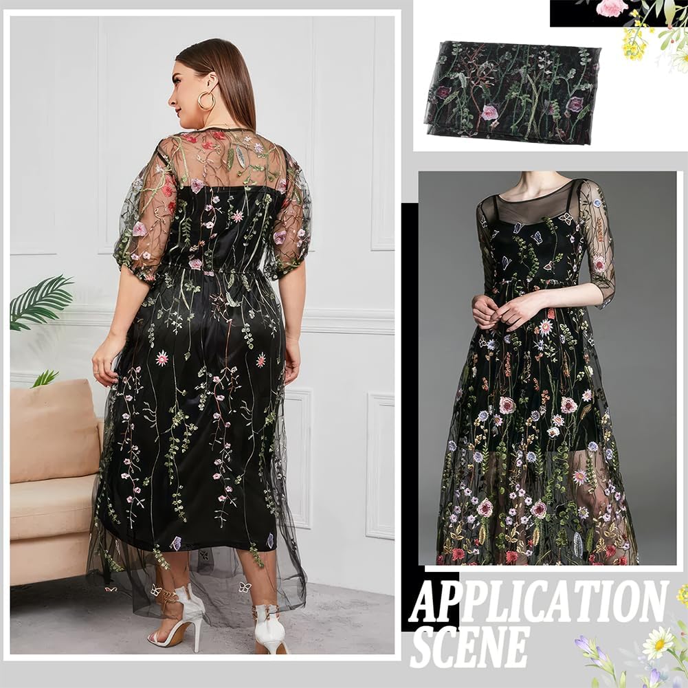 NBEADS 3 Yard Floral Embroidered Lace Fabric, 63 Inch Polyester Mesh Embroidered Lace Trim Embroidery Tulle Fabric for Party Dress Skirt Clothing DIY Sewing Embellishments Crafts, Black