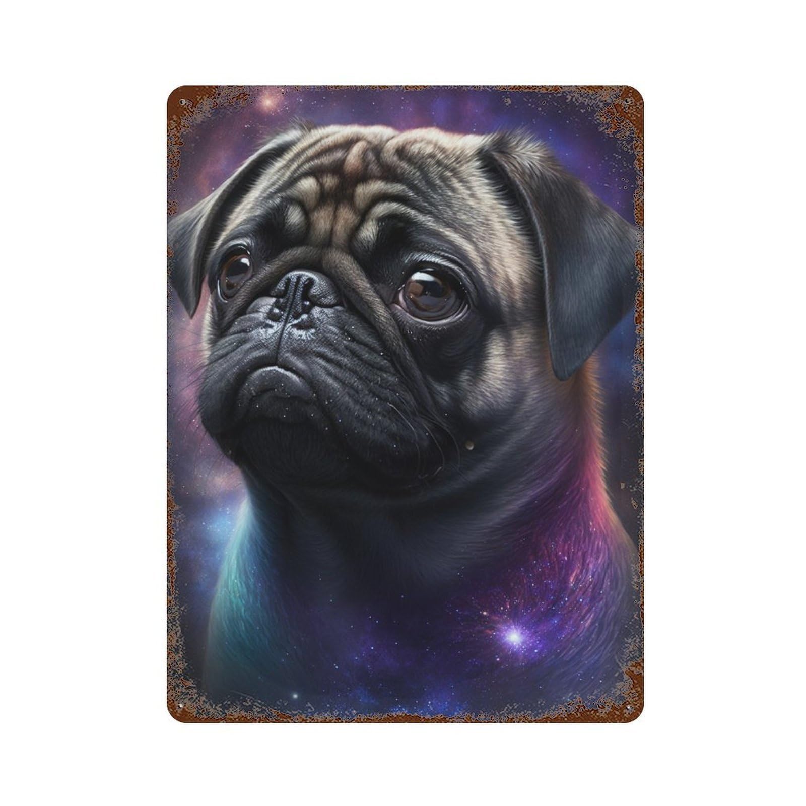 Cosmic Pug Portrait-6 Distressed Metal Wall Sign 15.7"x11.8", Industrial Home Decor for Garage, Pub Or Kitchen