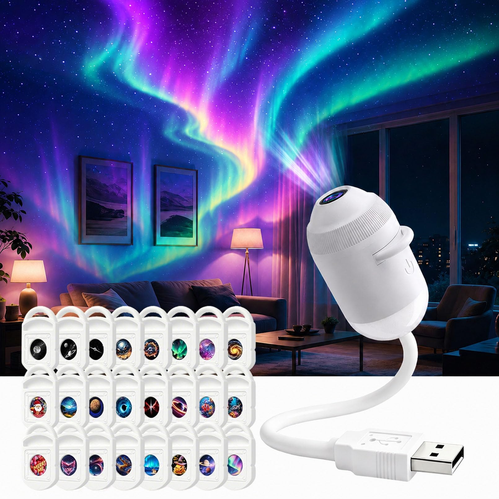 HD Smart Dynamic 5D Holographic Night Light Projector, Plug and Play HD Star Projector with 3/6/12/24 Projection Films, 360 Rotating USB Powered Ceiling Light for Bedroom Car Roof (With 24 Films)