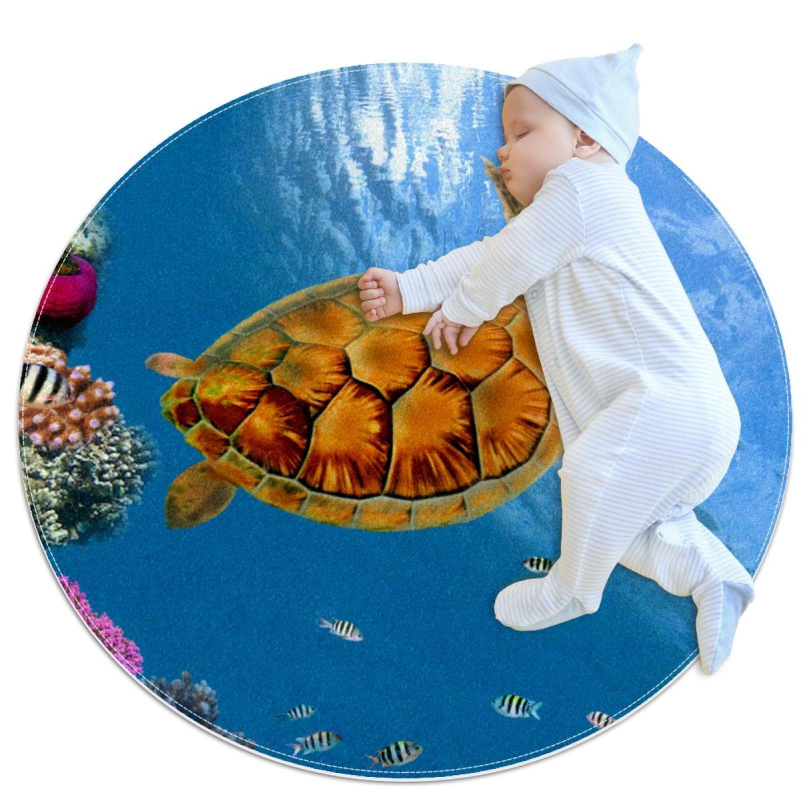 Alfombra redonda para niños con diseño de tortuga marina y fondo del mar de 80cm