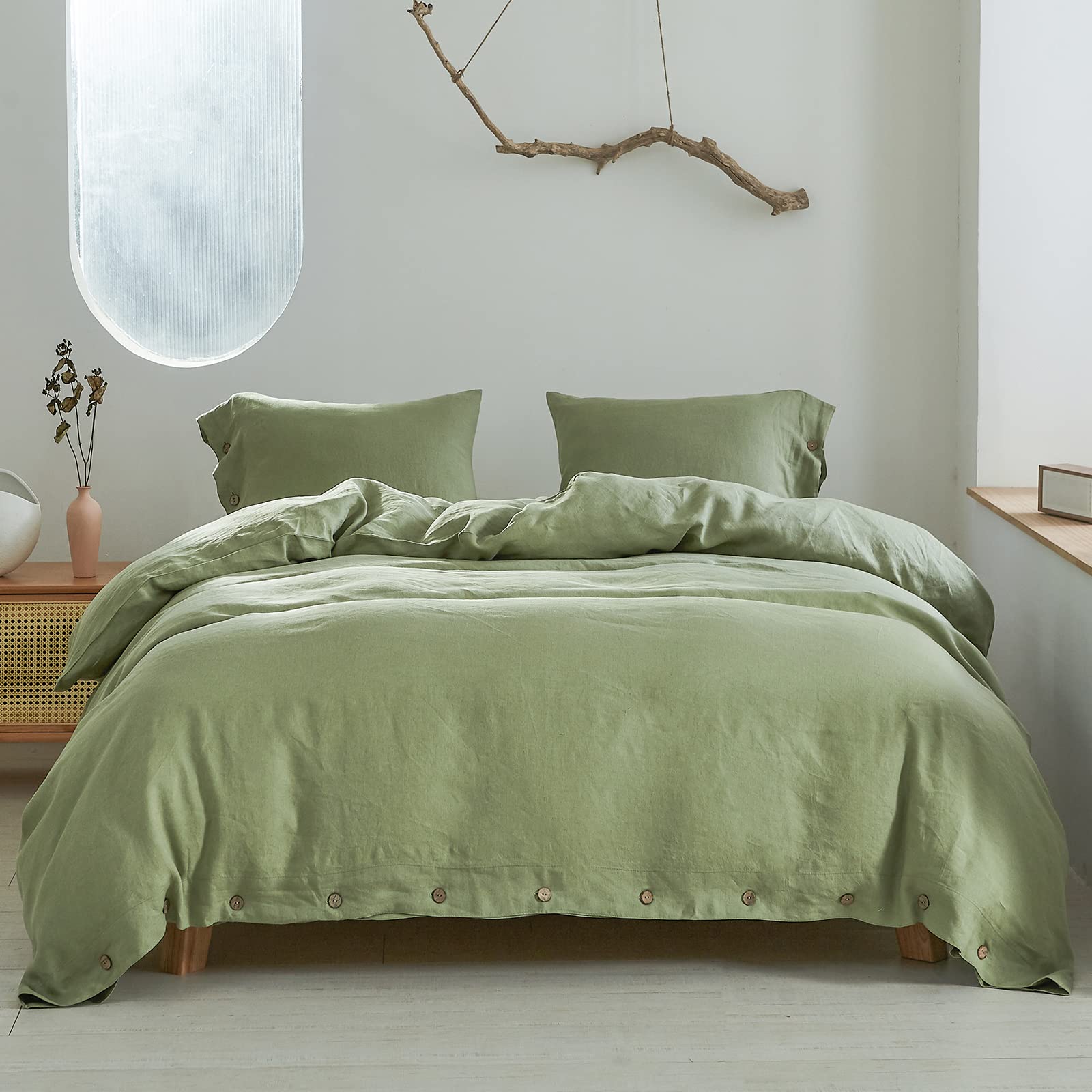 Simple&amp;Opulence 100% Linen Duvet Cover Set 3pcs with Coconut Button Closure Natural French Washed Flax Solid Color Soft Breathable Farmhouse Bedding - Sage Green, Queen Size