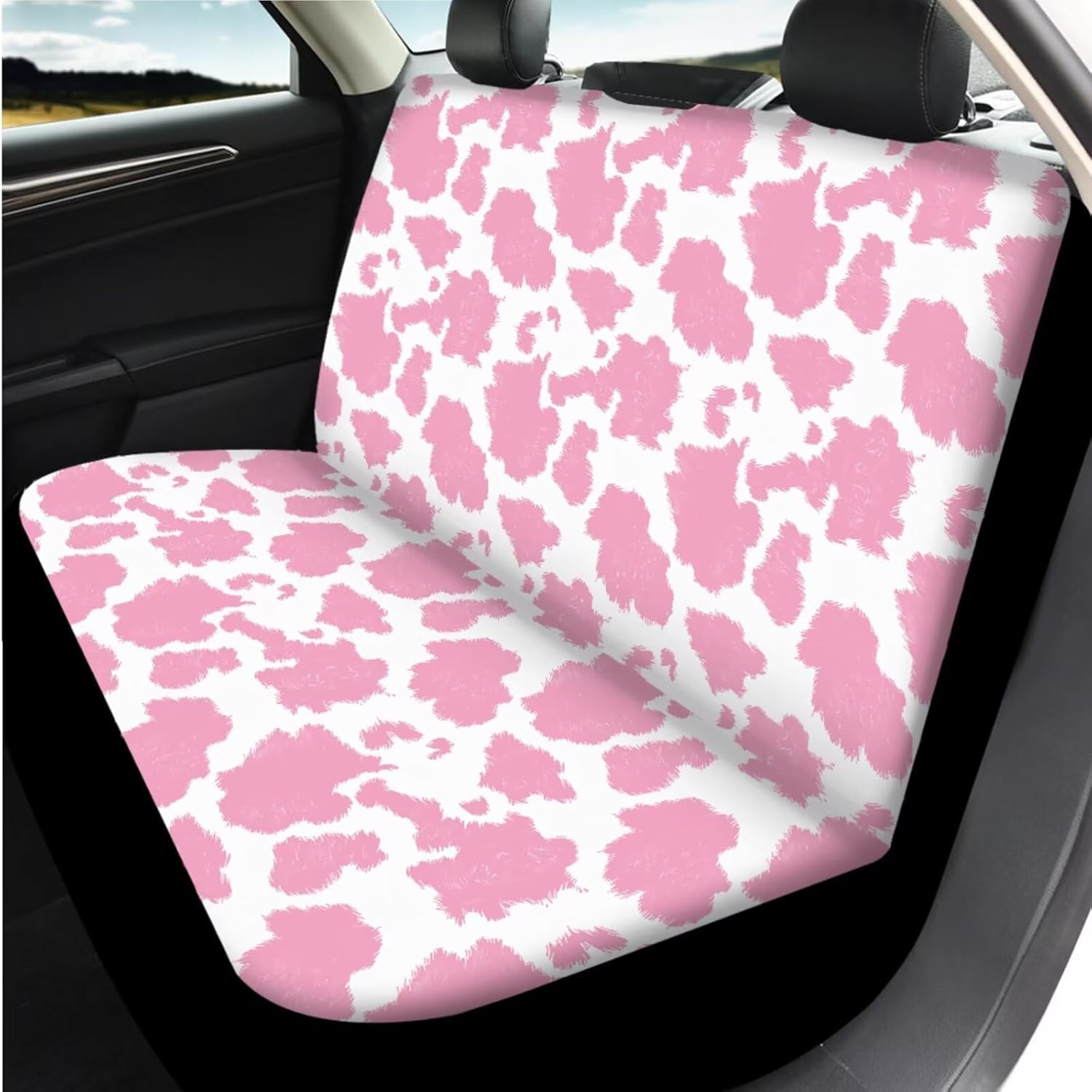 14 Pcs Pink Cow Print Car Seat Covers with Steering Wheel Cover,Armrest Cushion,Seat Belt Covers Cup Holder with Keychain,Cute Pink Automotive Protector Set Universal Fit Cars SUV Trucks
