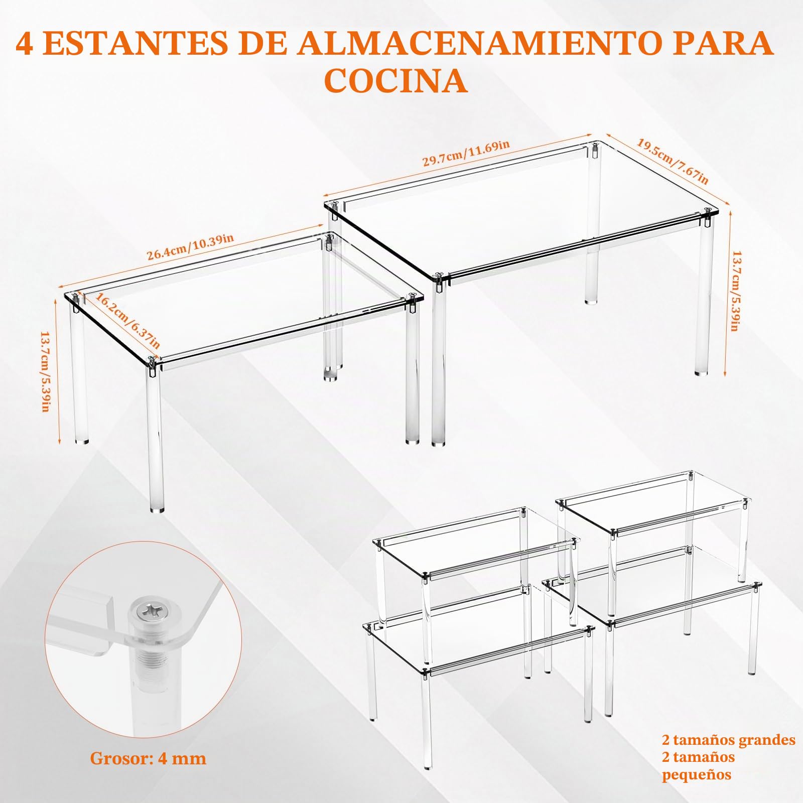 4 unidades de organizador de cocina apilable para especias | Organizador de armario de cocina transparente, estante de cocina, soporte para vasos, ampliable para encimeras de cocina