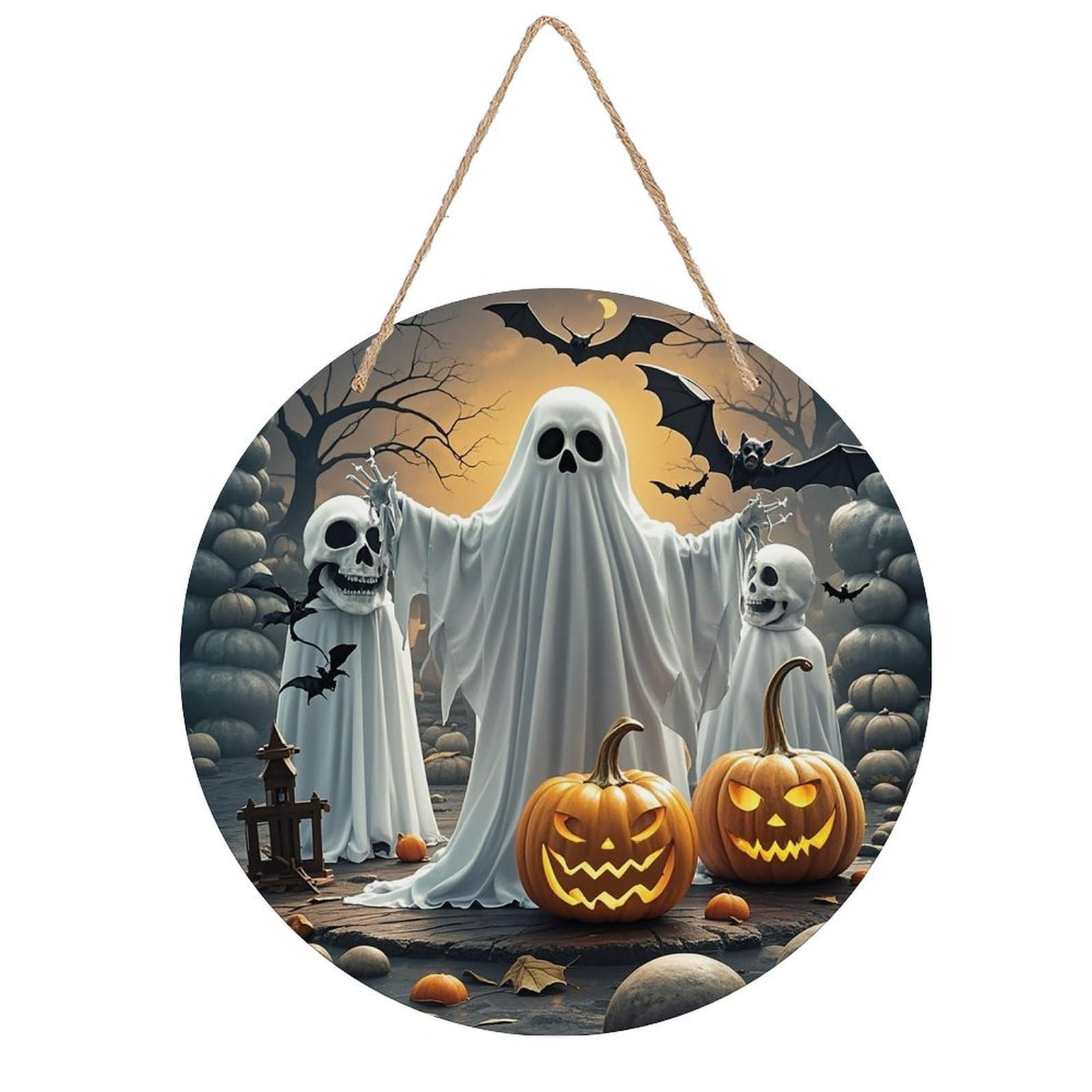 FekiLoot Pumpkin Lantern Ghost Wall Art Decor Rustic Welcome Sign Round Wood Hanging Sign Decoration Wood Plaque Door Hanger Wooden Signs Wall Hanging Decor Housewarming Gift for Home Outdoor Indoor