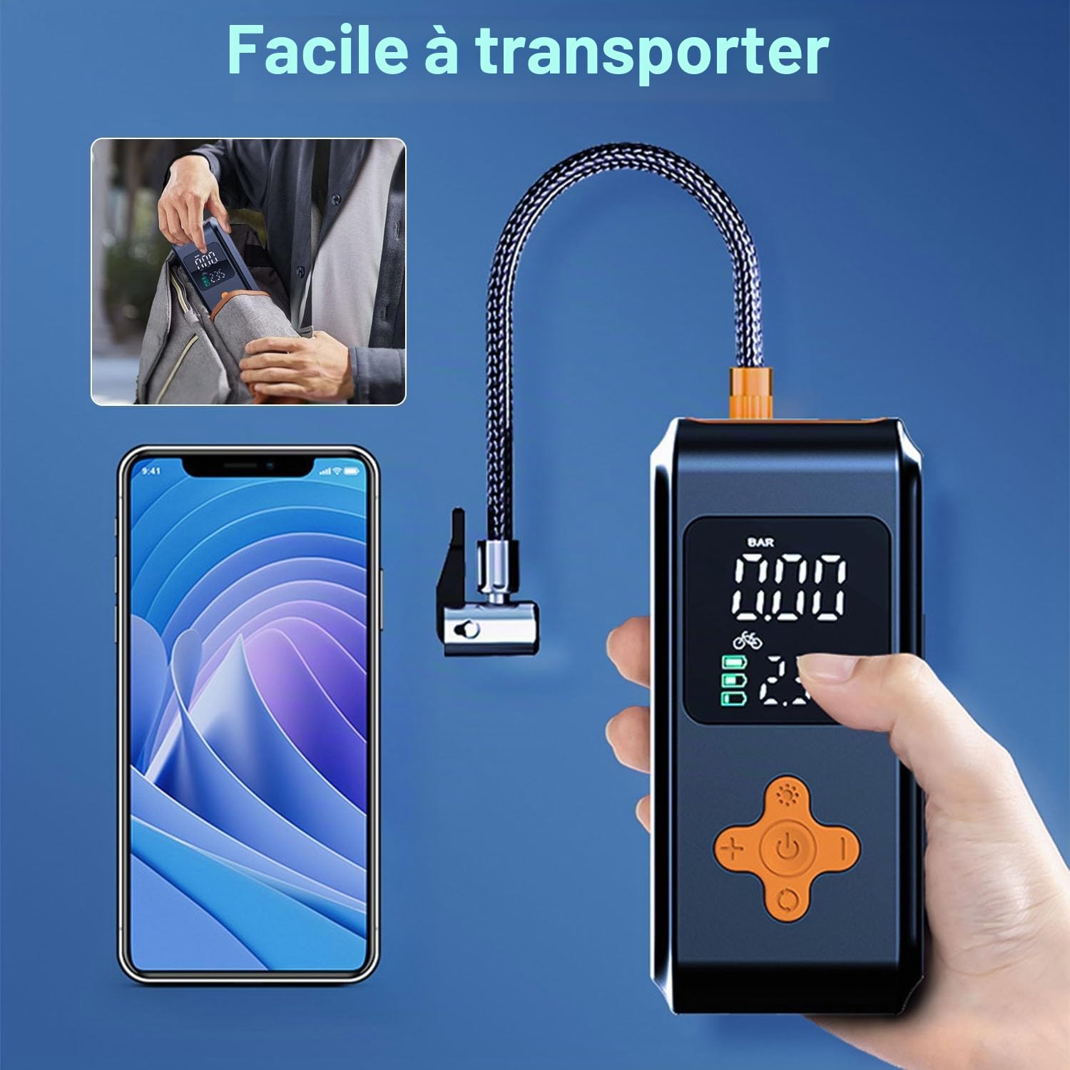 Gonfleur Pneus Voiture, Compresseur à Air Portatif 12 V CC, Compresseur Voiture De 150 psi et Lumière LED Numérique, Gonfleur Pneu Voiture a Electrique Rechargeable USB-C, pour Voiture, Vélo, Moto