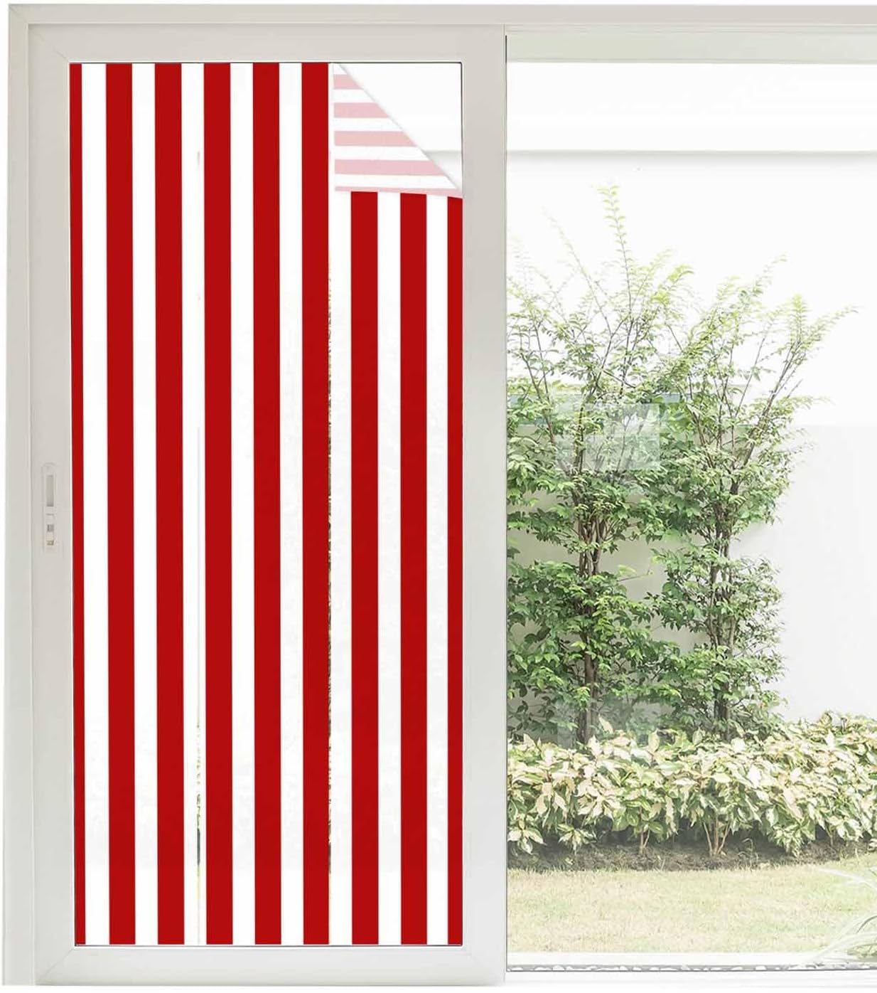 Striped Red Window Privacy Film Decorative Stained Glass Window Film Modern Red White Stripes Static Windows Clings Sticker for Glass Door, 35.4"x78.7" Blackout Shades Windows Cover