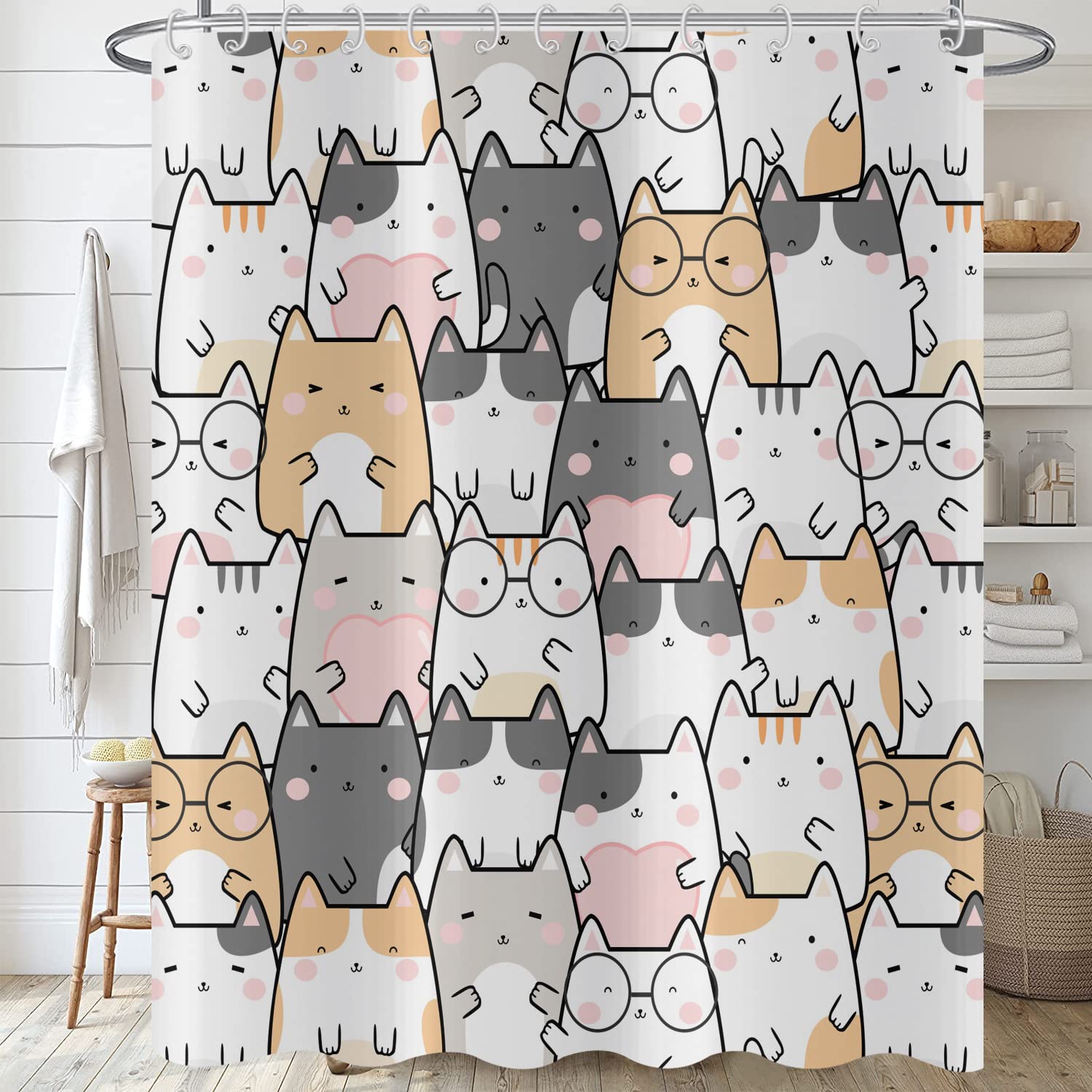 Hnmdmyi Cat Shower Curtain 240x180, Funny Cartoon Animal Kitten Colorful Lovely Pets Kids Boys Girls Bathroom Curtains with Hooks Waterproof Polyester Fabric Washable Bath Curtains for Wet Room