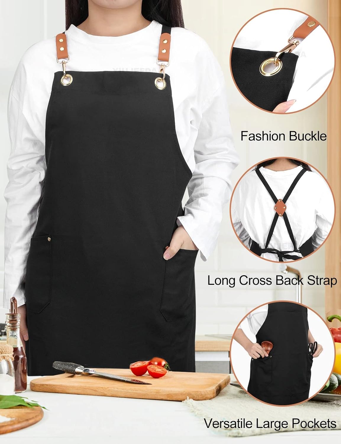 Apron for Women Men with Long Adjustable Cross Back Straps and Large Pockets Canvas Cooking Kitchen Chef Bib Aprons Black Waterproof Apron image 3