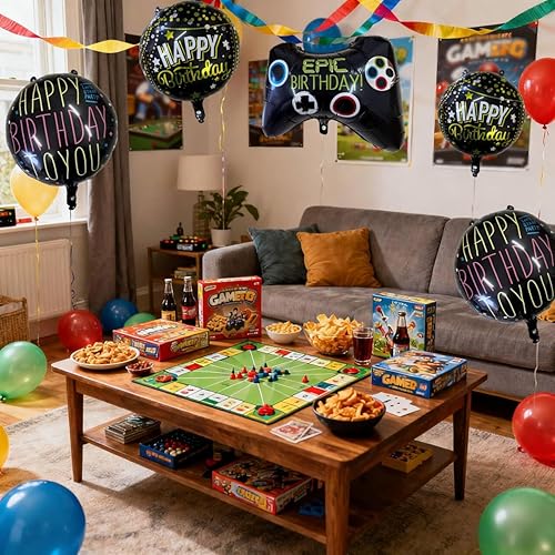 Miniatura 3 de 5 globos de fiesta de videojuegos, globos negros, membrana de aluminio, suministros de feliz cumpleaños para niños, decoración de fondo de