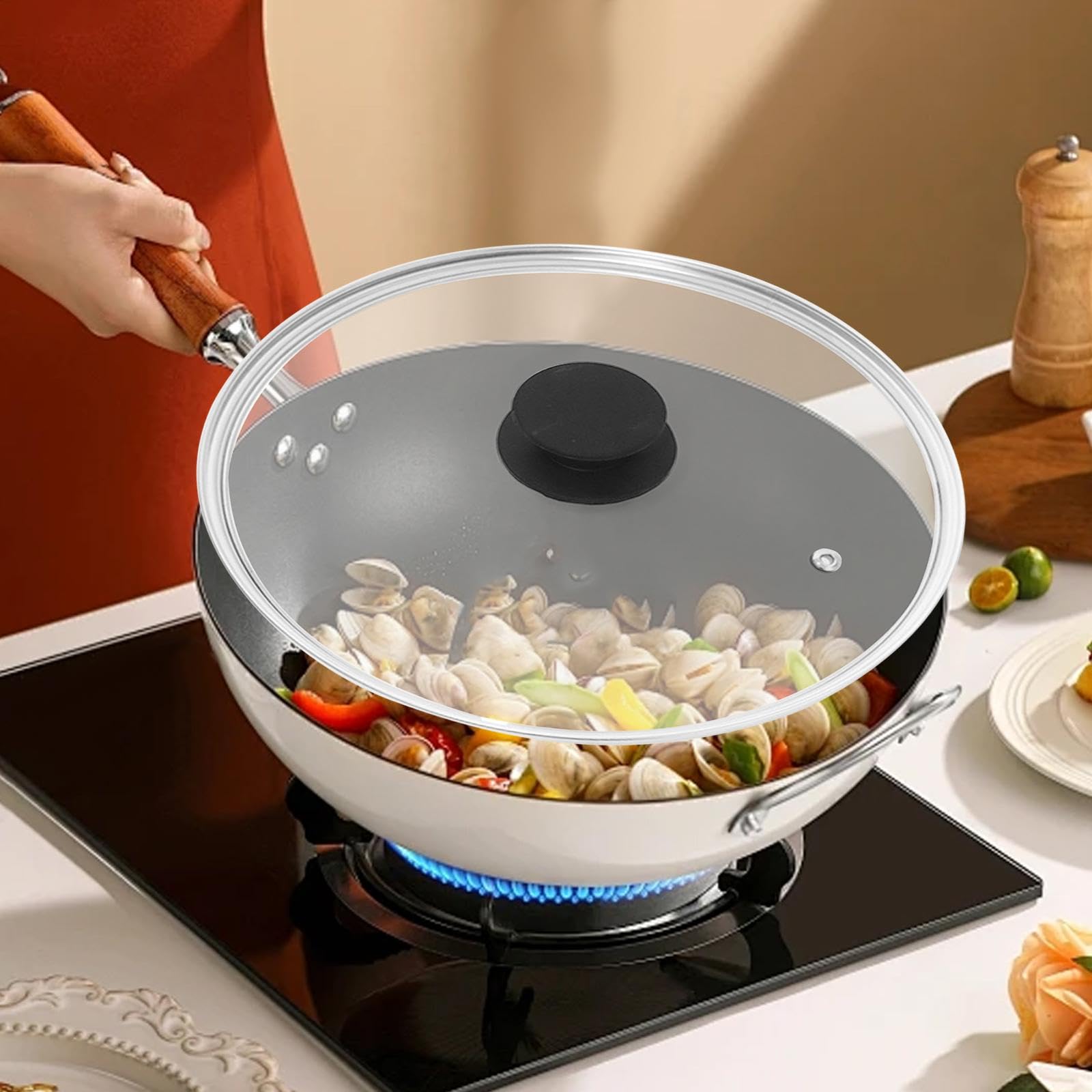 Sharplace Tapa de sartén de 36,7 cm con Borde de Acero Inoxidable, Tapa Universal para ollas, de Repuesto para Wok, Mango Negro