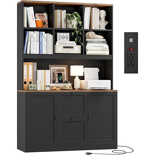 HIFIT 72'' Tall File Bookcase with Power Outlet & Printer Stand, 2 Drawer Filing Cabinets for Home Office Fit Hanging A4 File, Storage Cabinet w/ 3 Tier Open Book Shelf & Doors for Living Room, Black