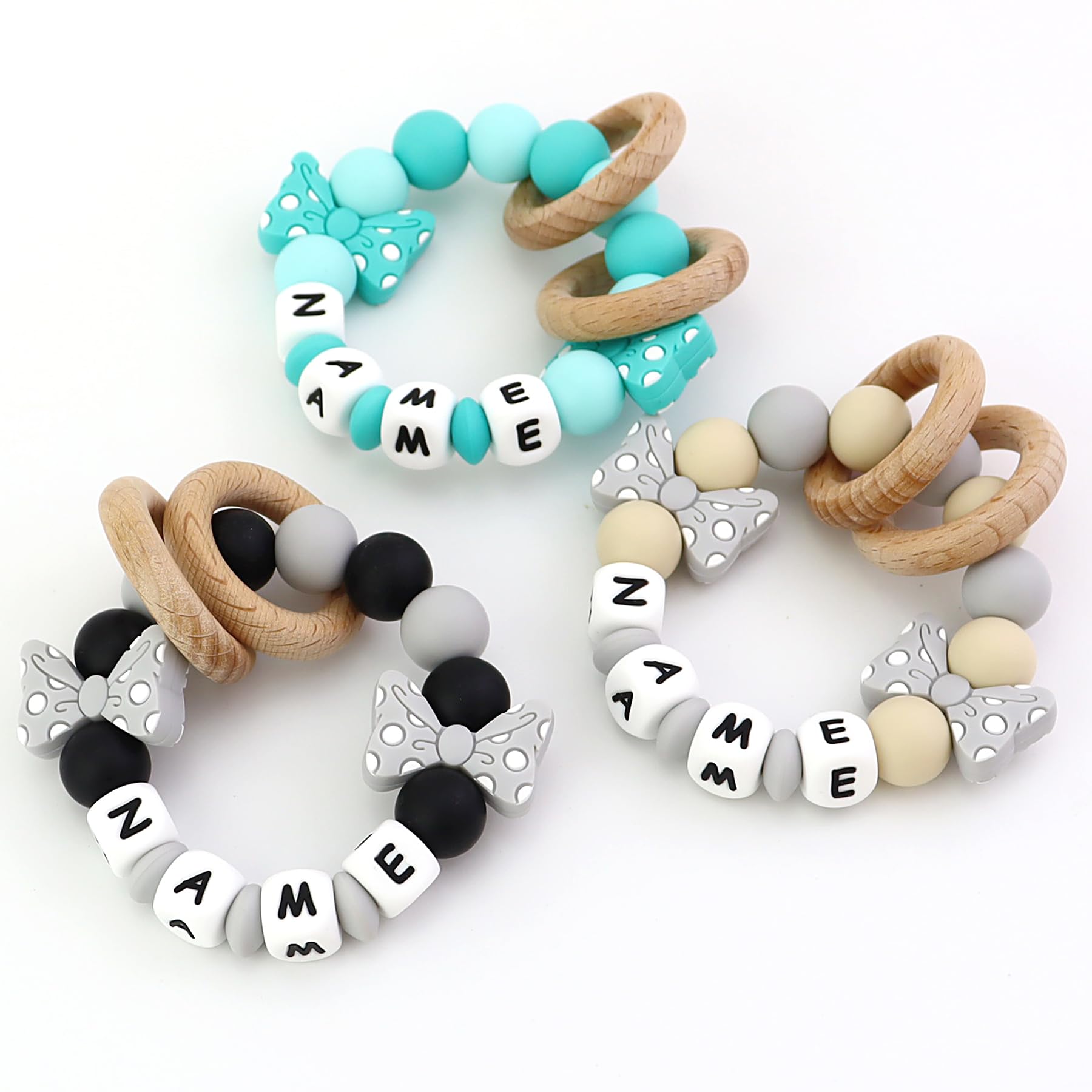 Personalized Baby Teether Ring with Name Custom Silicone Rattle Teething Bracelet with Natural Beech Wood Customizable Toddler Newborn Baby