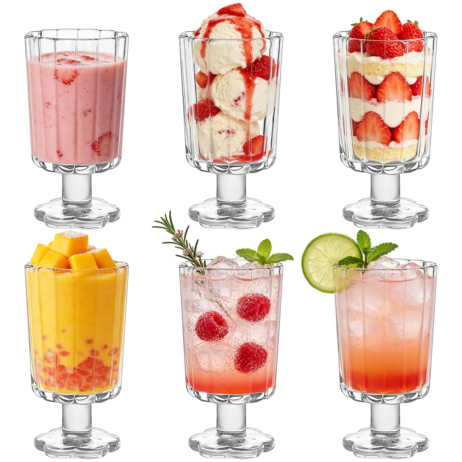 Set of 6 Flower-Shaped Ice Cream Cups, Dessert Cups, 270ml Stemmed Glasses
