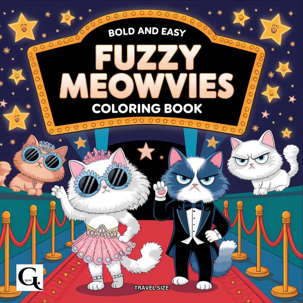Fuzzy Meowvies: Bold and easy Coloring Book , funny Cats in Movies scenes, 6x6 Travel size , all ages (Travel-Size Coloring Books for All Ages)
