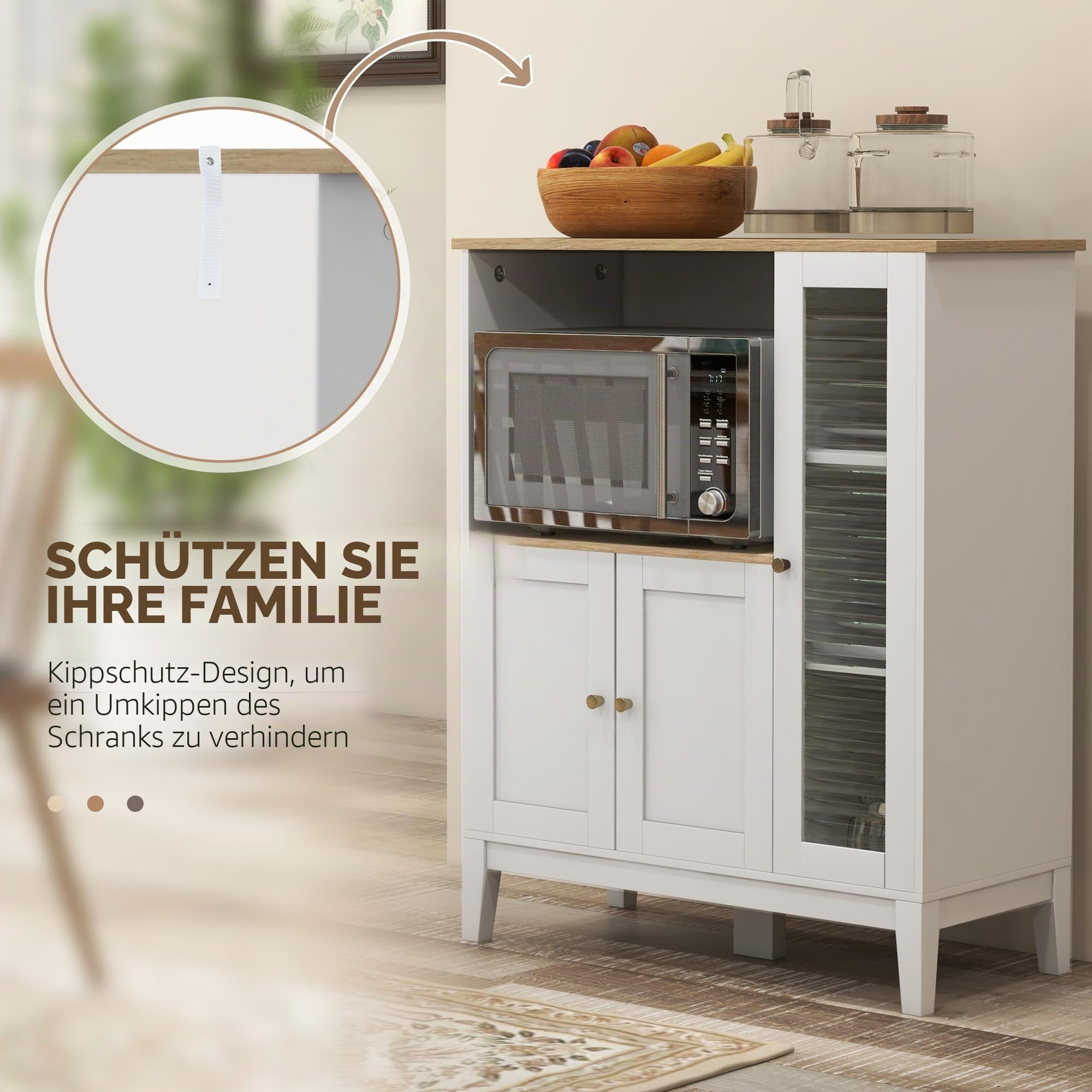 HOMCOM Mikrowellenmöbel, Küchenschrank, Sideboard, mit 1 Nische 3 Türen, Kabeldurchlass, für Küche, Esszimmer, Wohnzimmer, 80 x 35 x 97 cm, gehärtetes Glas, weiß und Holzoptik