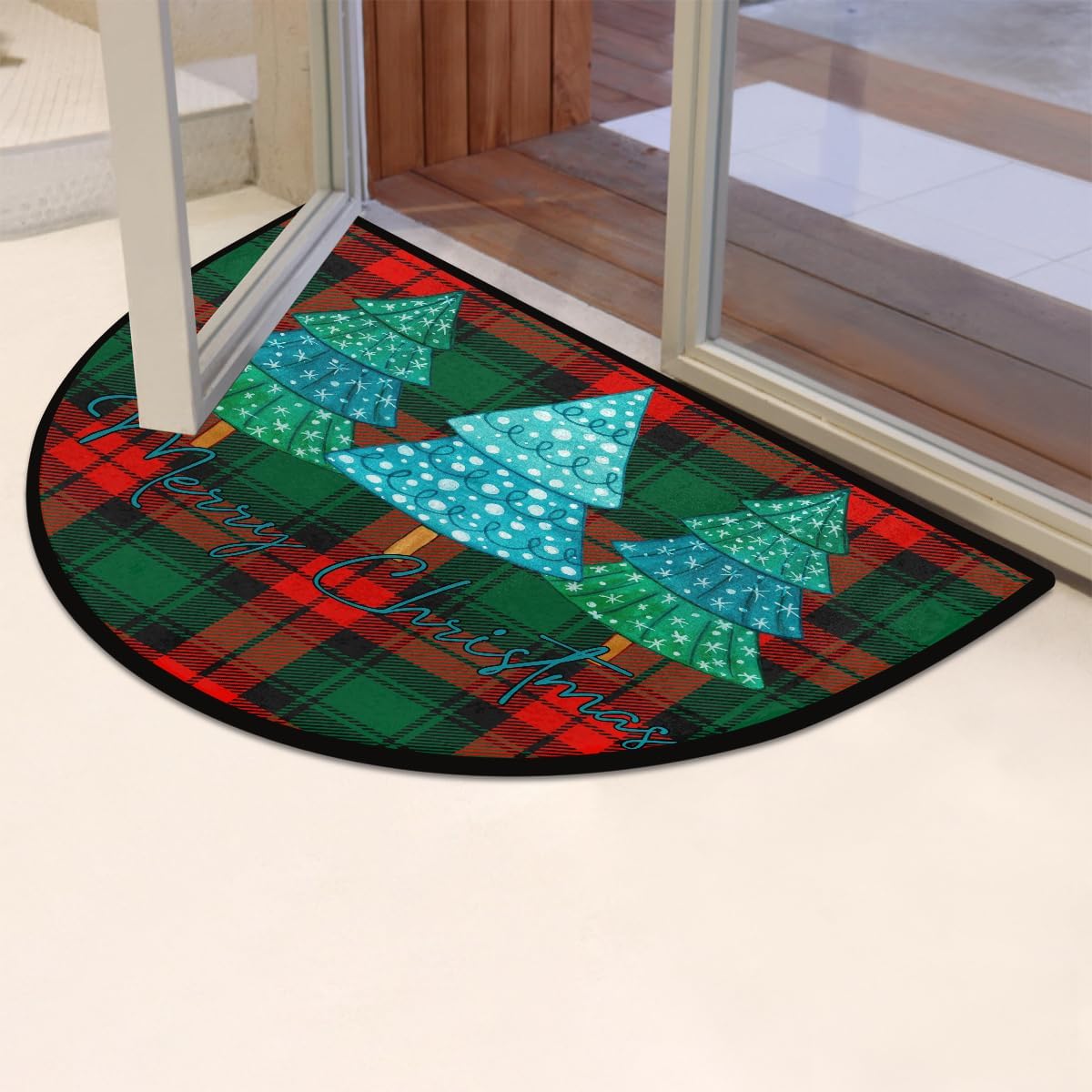 Christmas Tree Lattice Decoration Half Round Door Mat Non Slip Washable Semi Circle Area Rug Absorbent Soft Half Moon Rug Floor Mat for Indoor Outdoor Kitchen Bathroom Patio Front Door Mat Decor