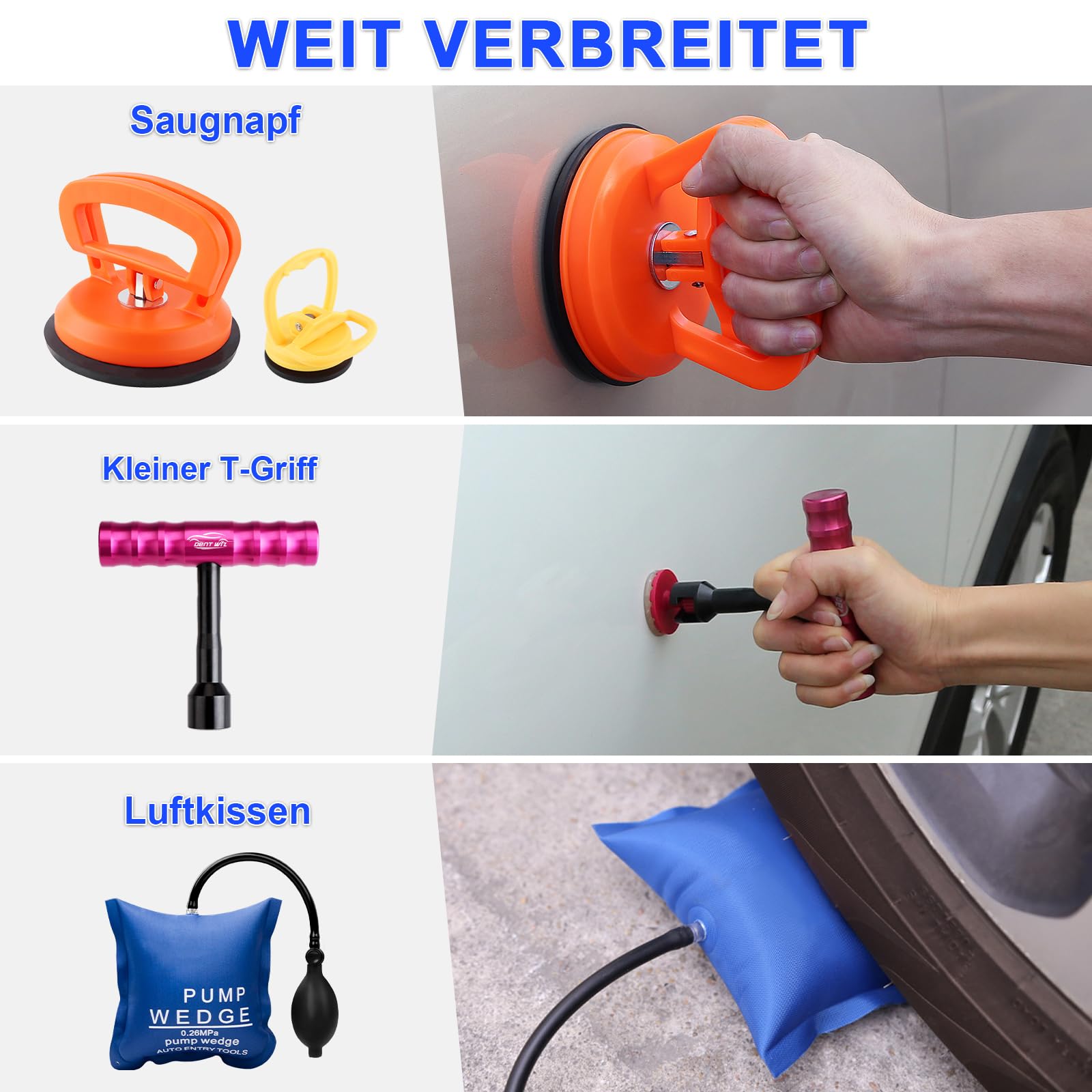 Dellen Reparaturset Auto, Ausbeulwerkzeug mit PDR Stangen, LED PDR Lampe Verstellbar, 2-in-1 T-Griff Abzieher, Leichter Beulenheber & Brückenzieher für Hagelschäden und Beulen