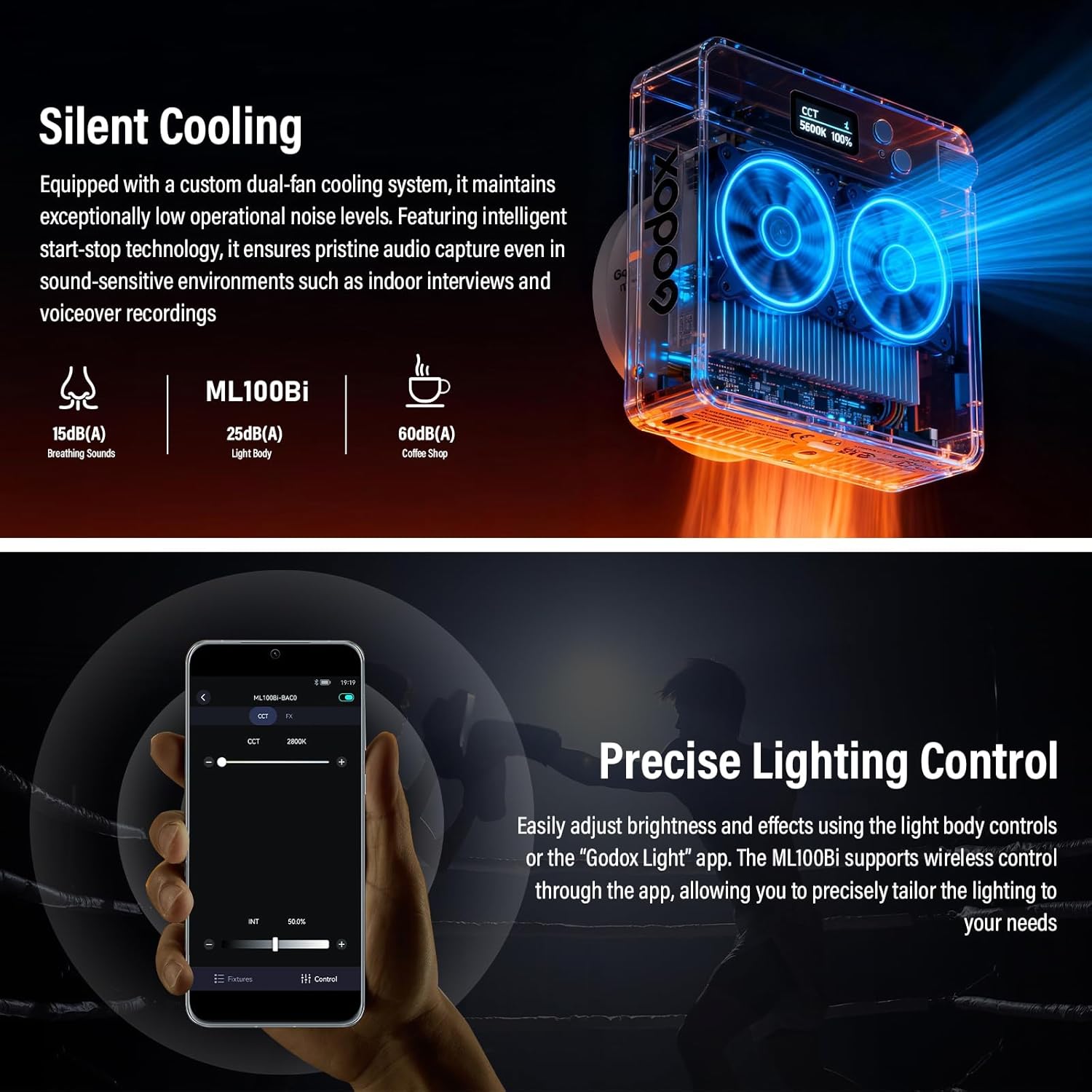 Godox ML100Bi 120W LED Video Light-Bi Color 2800K-6500K 33200Lux@1m, COB Continuous Output Lighting CRI 97+ TLCI 98+, App Control, USB-C Charging, 11 FX Effects for Filming/Live Streaming/Photography