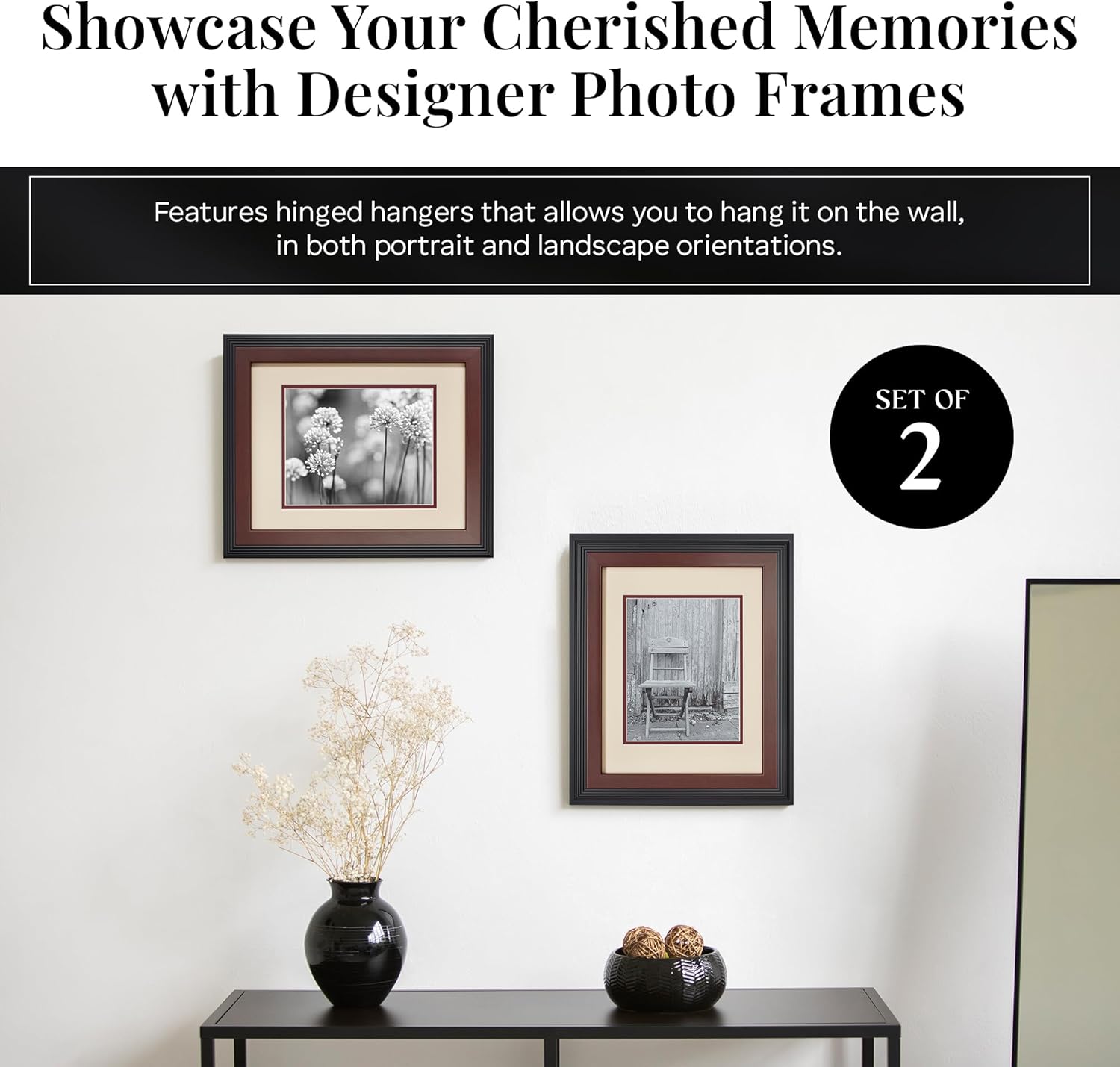 Old Town Designer Picture Frames, 11x14 Picture Frame 2 Pack with Deluxe Velour Back and Removable 8x10 Mat, Photo Frame for Desk or Wall Decor, Made from Post-consumer EPS & Acrylic Glass, Walnut