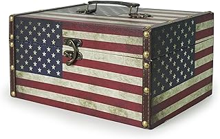 DreamsEden Small Wooden Decorative Storage Box with Handle - Wood Leather Treasure Chest Trunk Keepsake Suitcase, 11.8" x 7.8" x 5.9" (Vintage American Flag)
