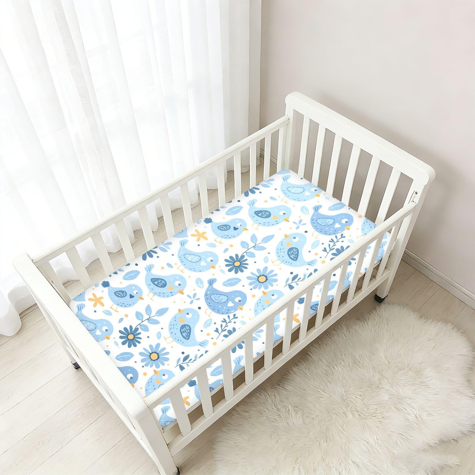 Baby Blue Chick Flower łóżeczko dziecięce prześcieradła dla chłopców dziewcząt bawełniane prześcieradło dla niemowląt miękka elastyczna muślinowa pościel do łóżeczka, 1 opakowanie