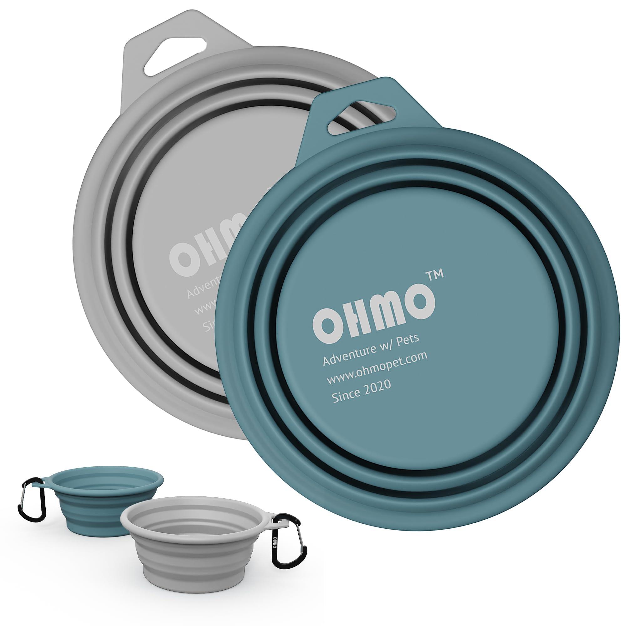 OHMO Bebedero Perro Portátil (2 Unidades, 400ml, Azul Claro y Ceniza), Cuencos Plegable de Agua de Silicona Premium para Perros y Gatos, Cuencos Portátiles de Viaje Plegables para Acampar al Aire