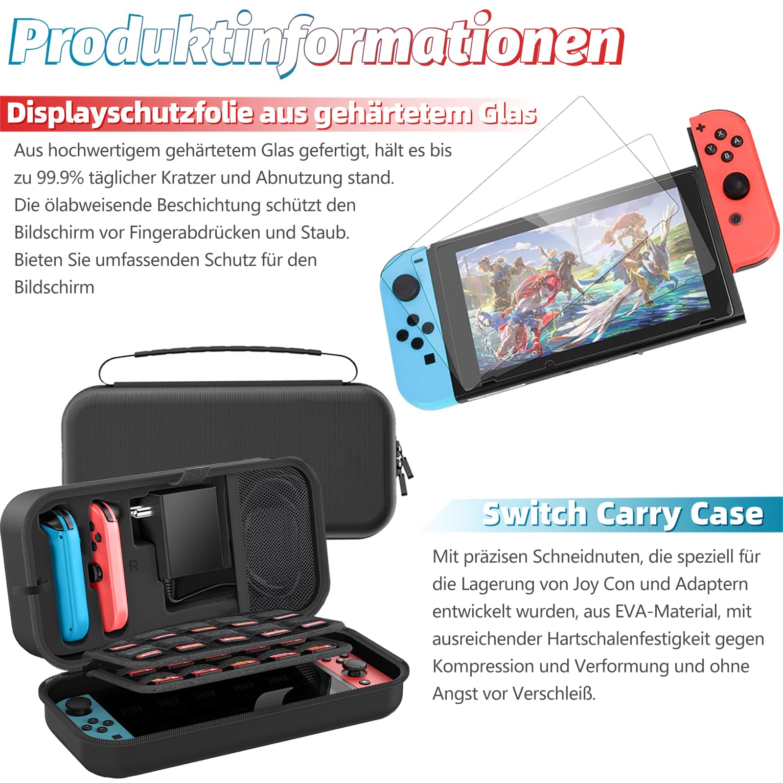18 in 1 Switch Zubehör Für Nintendo Switch Spiele, Inklusive Gehäuse, Bildschirmschutz, Joycon-Griffe und Räder zur Spielerfahrungsoptimierung.