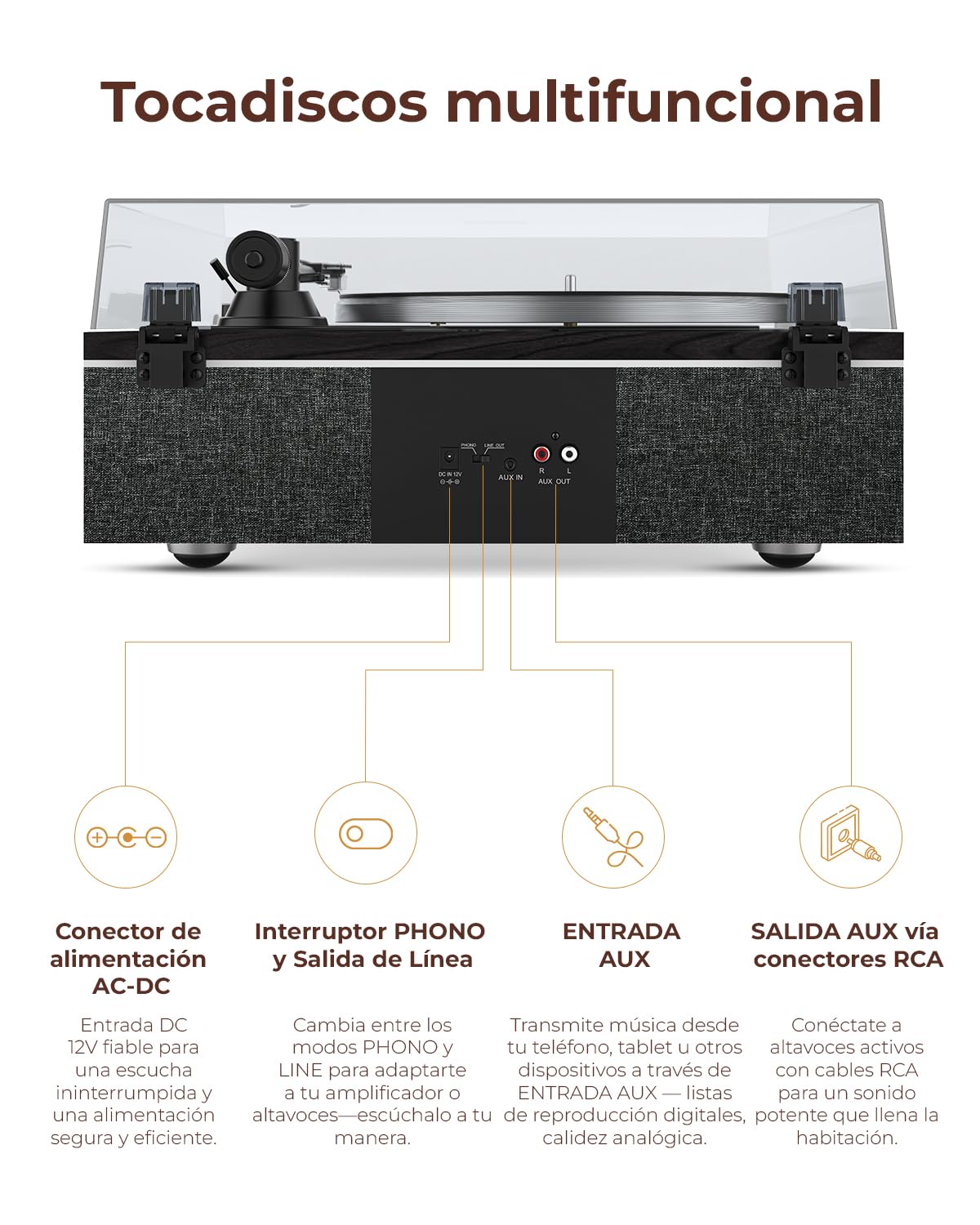 Tocadiscos de Vinilo Qlearsoul One-S Todo-en-Uno con Altavoces Integrados y DSP, Tocadiscos Vintage Bluetooth Entrada/Salida, Preamplificador Phono, Aguja AT-3600L, 33/45 RPM (Negro)