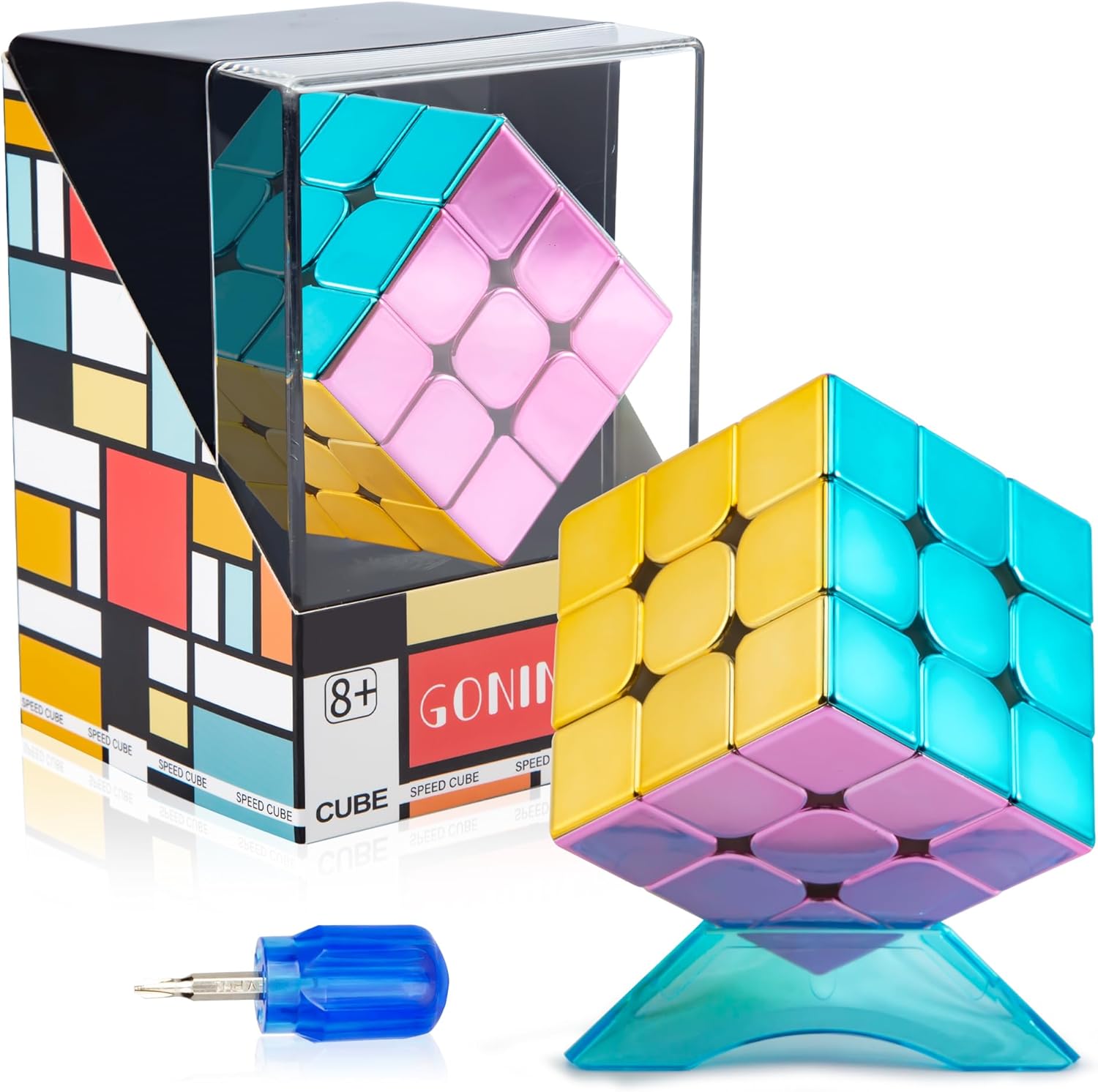 GONINO Speed Cube, Magic Cube Toy 2026, 3x3 Magnetic Mirror Reflective Cube Set, Metallic Stickerless Speedcube 3x3x3 with Display Stand & Showcase, Puzzle Birthday