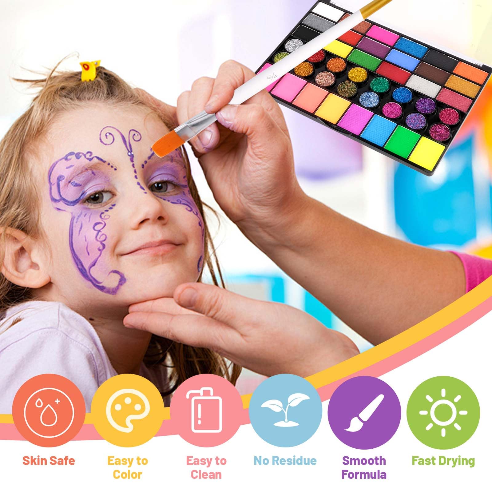 Body Painting, 42 Colori Truccabimbi Kit con 10 Pennelli e 4 Modelli per Tatuaggi, Non Tossico Trucco Viso a Base d'acqua, Trucca Bimbi Viso Bambini per Carnevale, Pasquale, Halloween