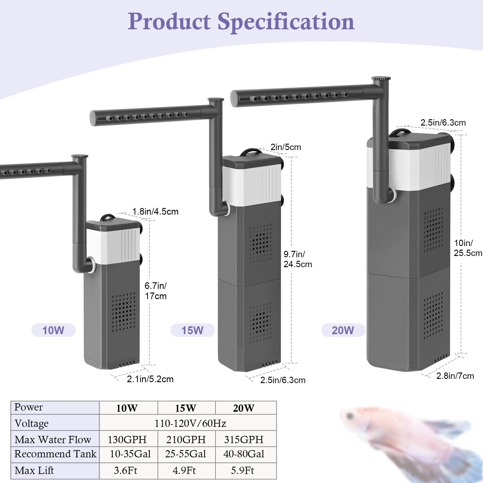 Filtro de acuario ultra potente de 15 W 210 GPH para peceras de 15 a 40 galones, filtro ajustable 3 en 1, filtros internos sumergibles para tanques de tortuga/camarón/cría