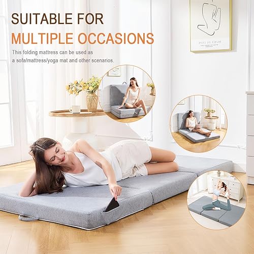 Miniatura 4 de Colchón plegable de 4 pulgadas, colchón plegable de espuma viscoelástica de 4 pulgadas, cama de invitados portátil, extraíble y lavable, con asas y