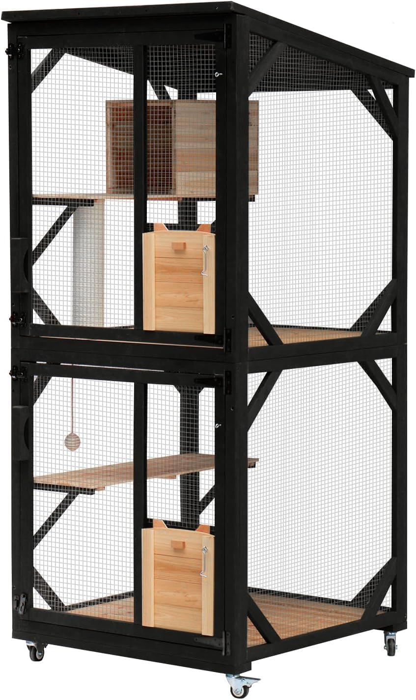 4 Tiers 70.9" H Cat Catio Cat House Outdoor Enclosure Window Large Outside Patio with Removable Floor, Scratching Post Sisal Ball 4 Wheels Waterproof Roof