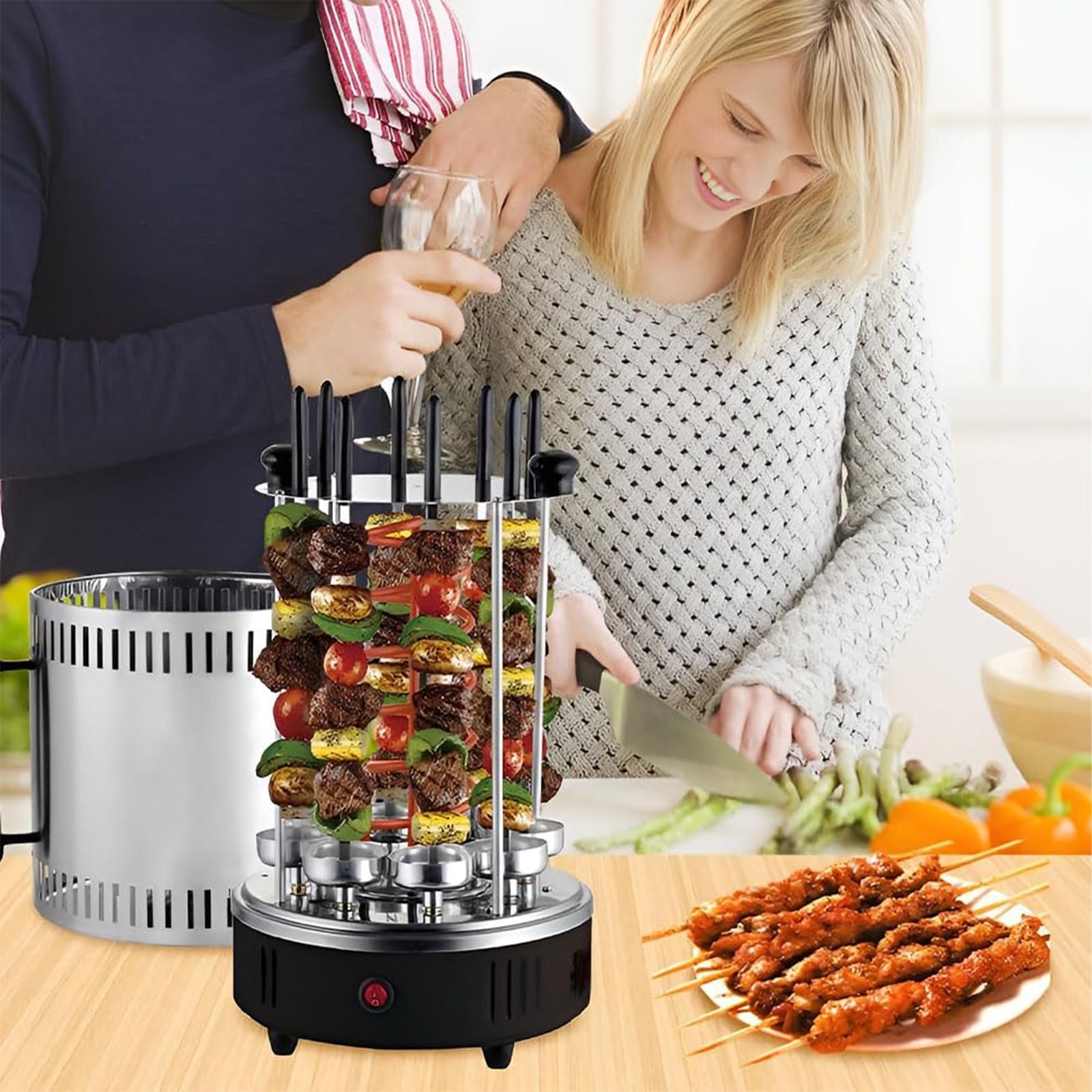 Elektryczny grill rożenowy, pionowy grill do kebaba o mocy 1200 W z automatycznym obrotem i 8 widelcami, bezdymny obrotowy piec do grillowania
