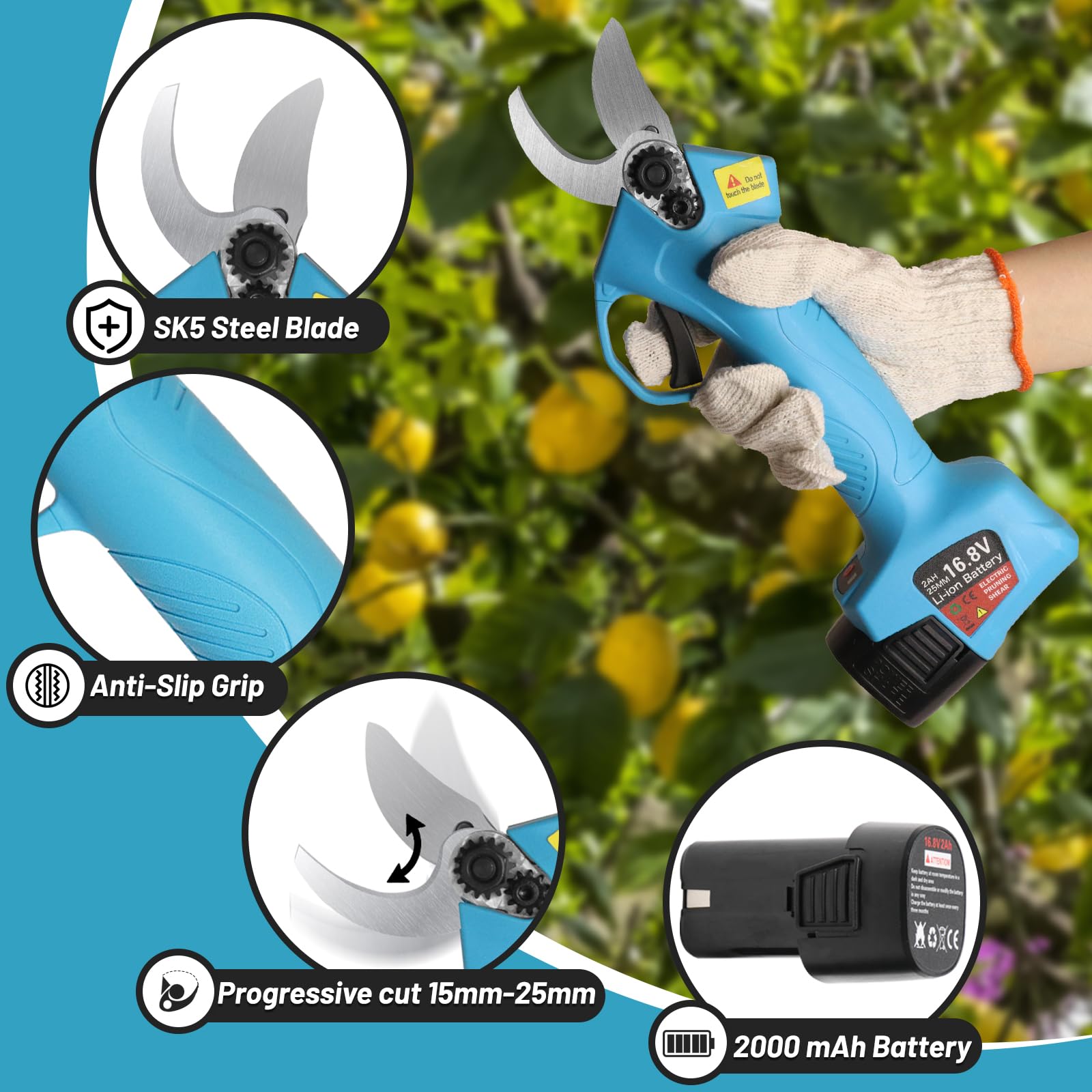 Tijeras de Podar Bateria 25 mm Tijeras de Podar Electricas Progresivo Recargable 2000 mAh Profesionales para árboles Jardinería 16,8V (16,8V-2Ah)