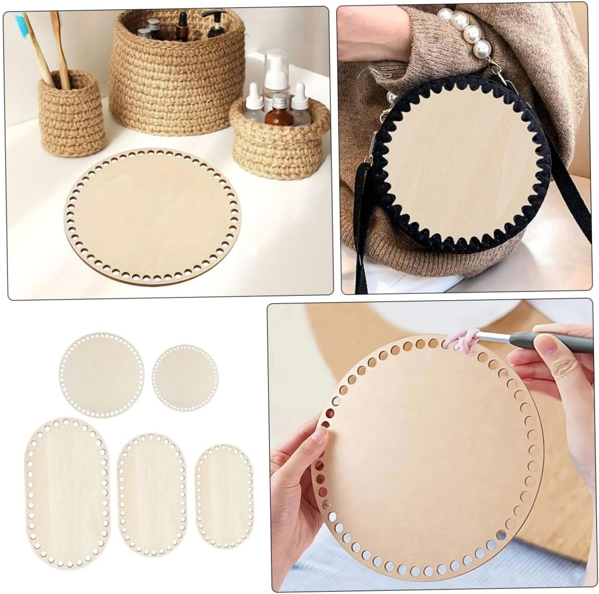 OSALADI 5Pcs Wooden Crochet Basket Base Shaper DIY Natural Wood Bottom for Crafting Organizing Weaving Projects for Home Decor Purse Making