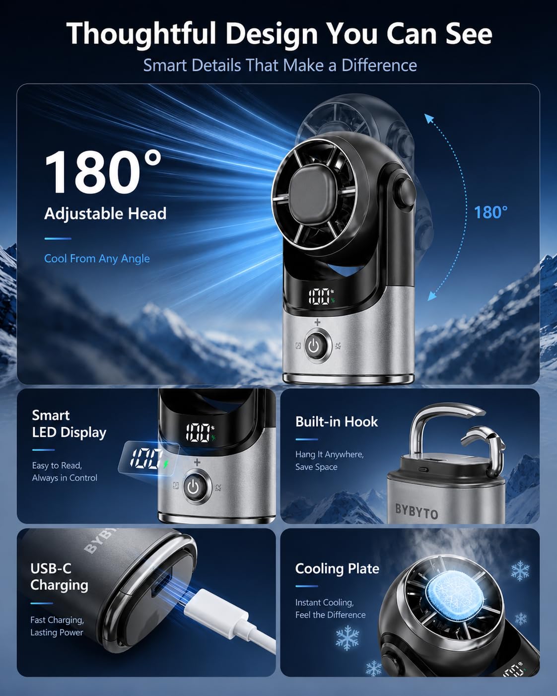 Mini ventilateur portable avec plaque de refroidissement, corps en alliage d'aluminium, ventilateur portable de poche, ventilateur personnel avec 100 vitesses, affichage numérique, tête réglable pour