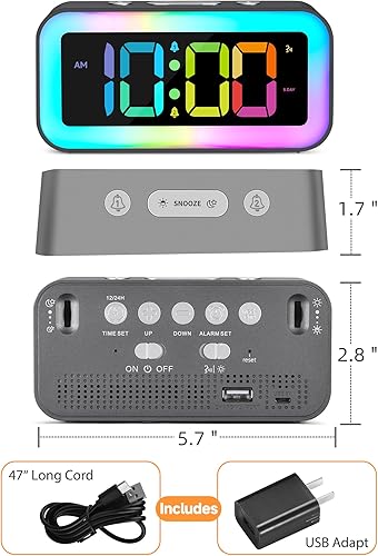 Miniatura 5 de Cadmos Reloj despertador fuerte para dormitorios con luz nocturna RGB dinámica adultos que duermen pesados alarma doble cargador USB pequeño reloj