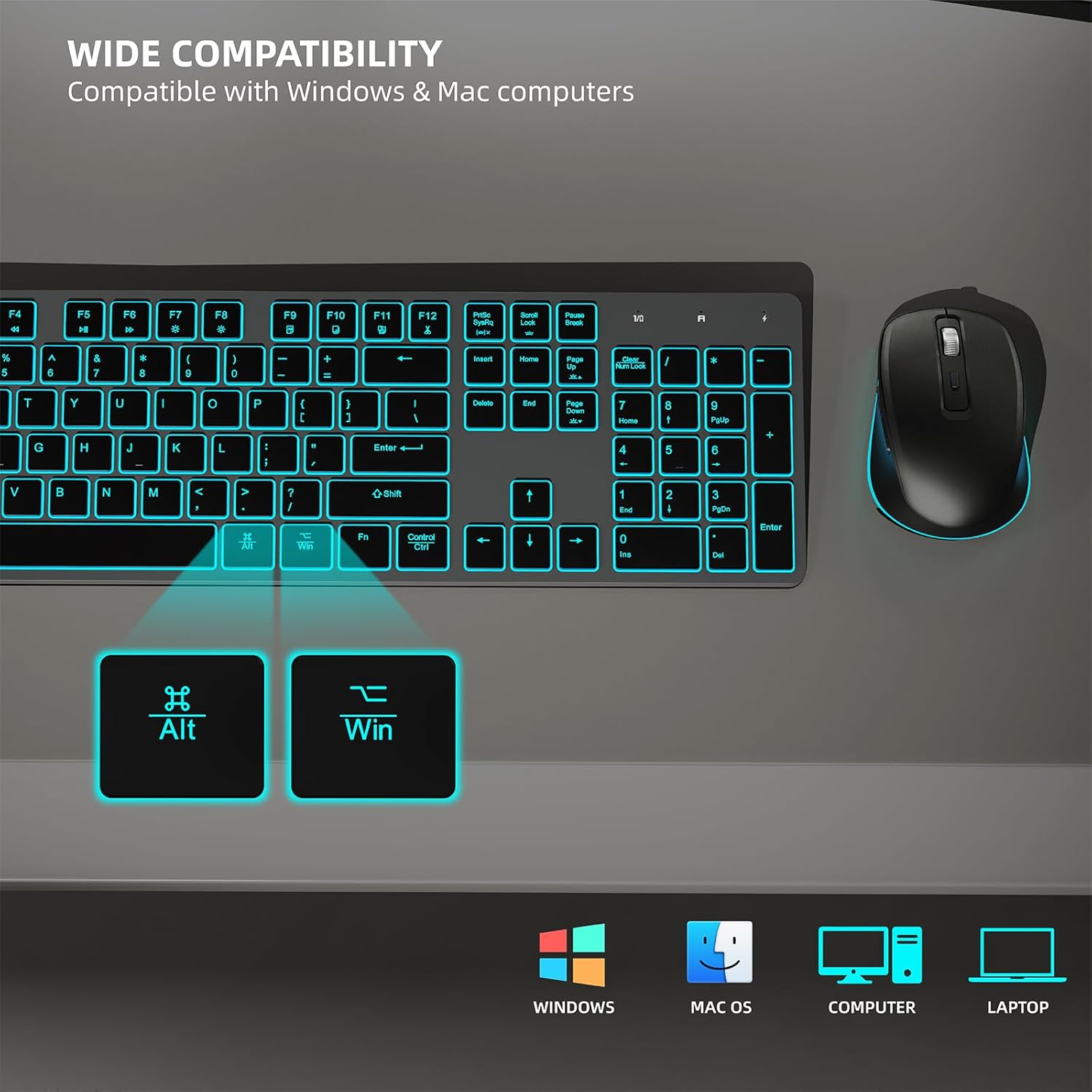 Quiet Wireless Keyboard and Mouse Backlit, Rechargeable Silent Flat Keyboard Mouse Combo, Jiggle Mouse, 2.4GHz Cordless Slim Keyboard Mouse for Mac, Windows, PC Computer, Laptop, Desktop (Space Gray)