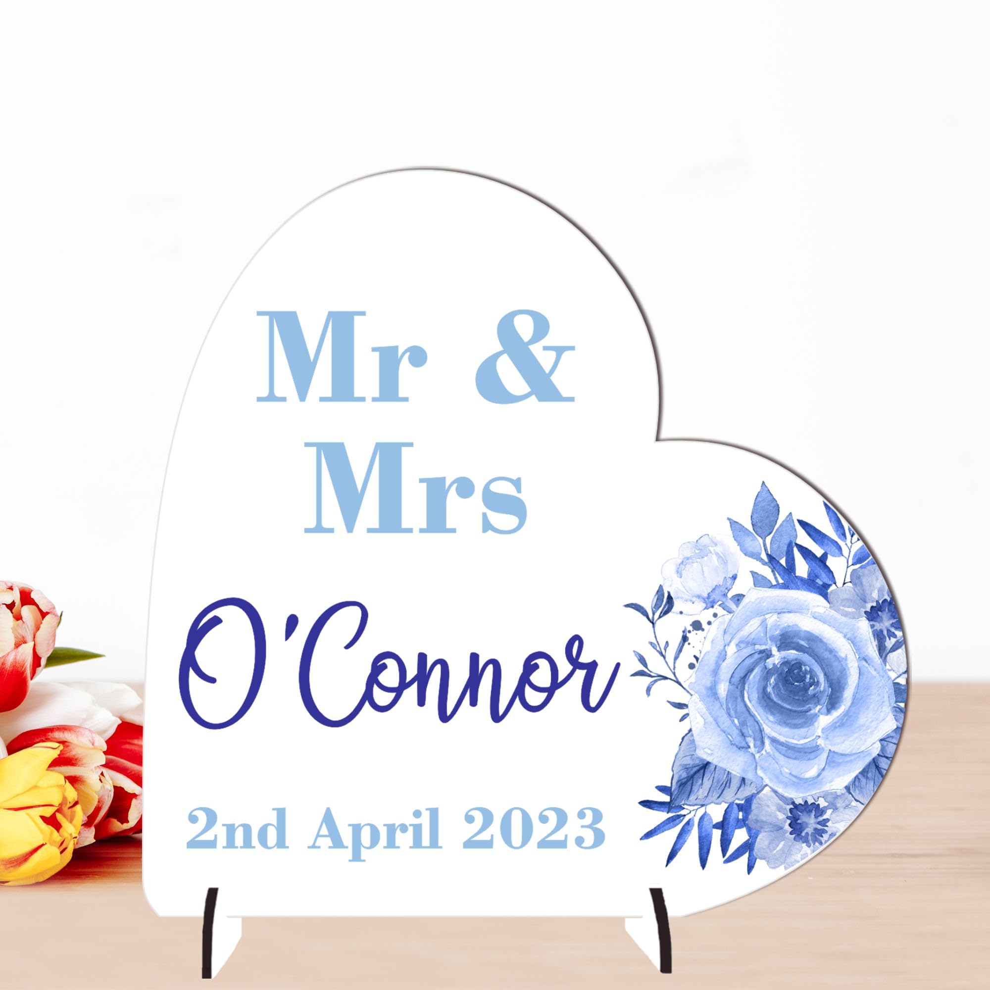 Pixie's Gifts Personalised Clear Acrylic Wedding Plaque with Stand: Custom Keepsake for Couples - Perfect for Wedding or Anniversary (Mdf Wood 13.5cm x 13.5cm, Blue Roses)
