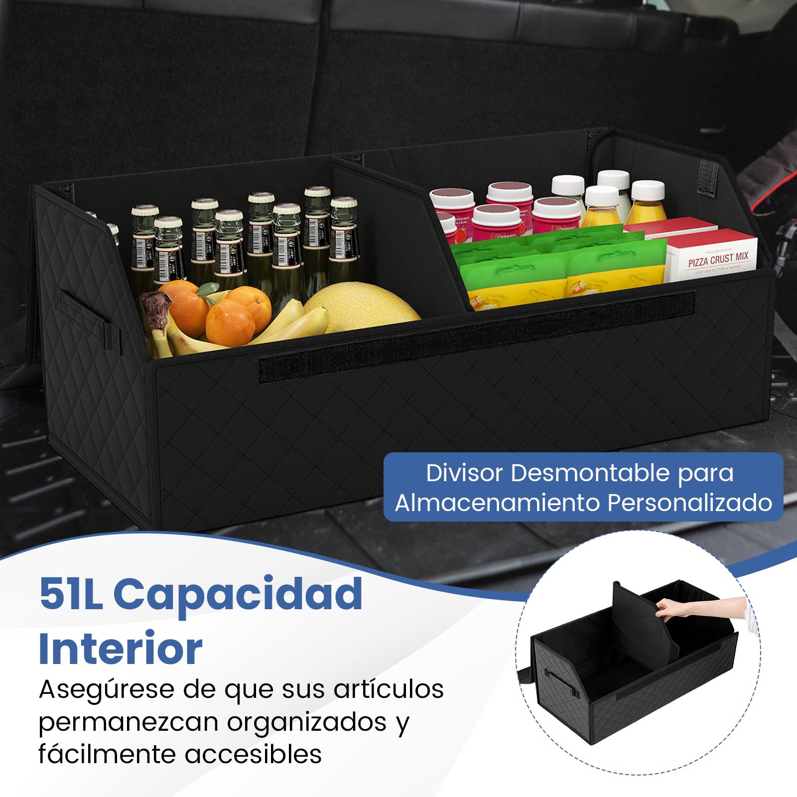 COSTWAY Organizador de Maletero de Coche de Cuero con Tapa, Caja de Almacenamiento Plegable con Divisor Extraíble y Gran Capacidad para SUV, Sedán, Camping y Hogar (51 L,Negra Superficie Acolchada)
