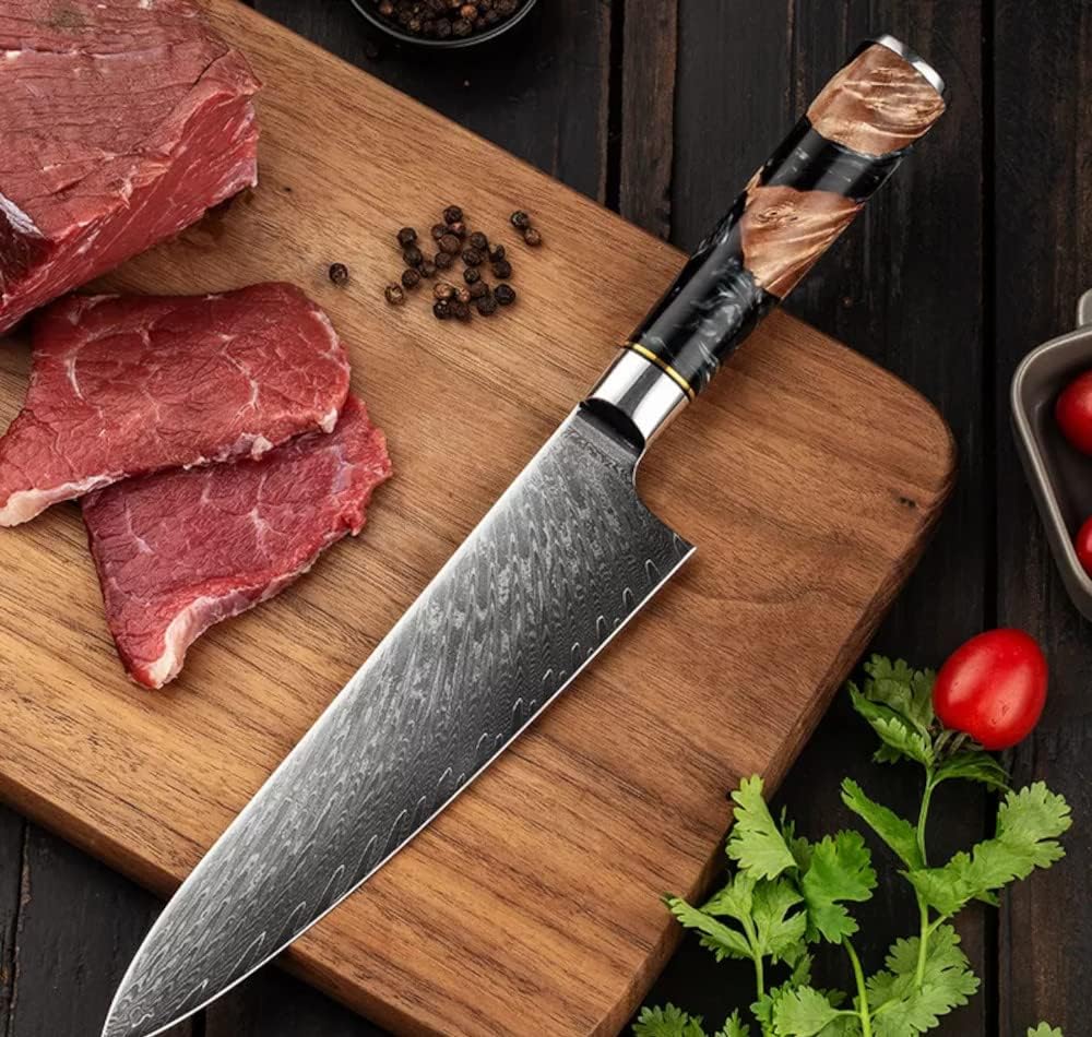 Epicurean Cook 8-Piece Damascus Knife Set with Japanese VG10 Steel Core - Ultra Sharp Kitchen Knives with 67 Layers of Damascus Steel - Burl Wood Black Resin Handles
