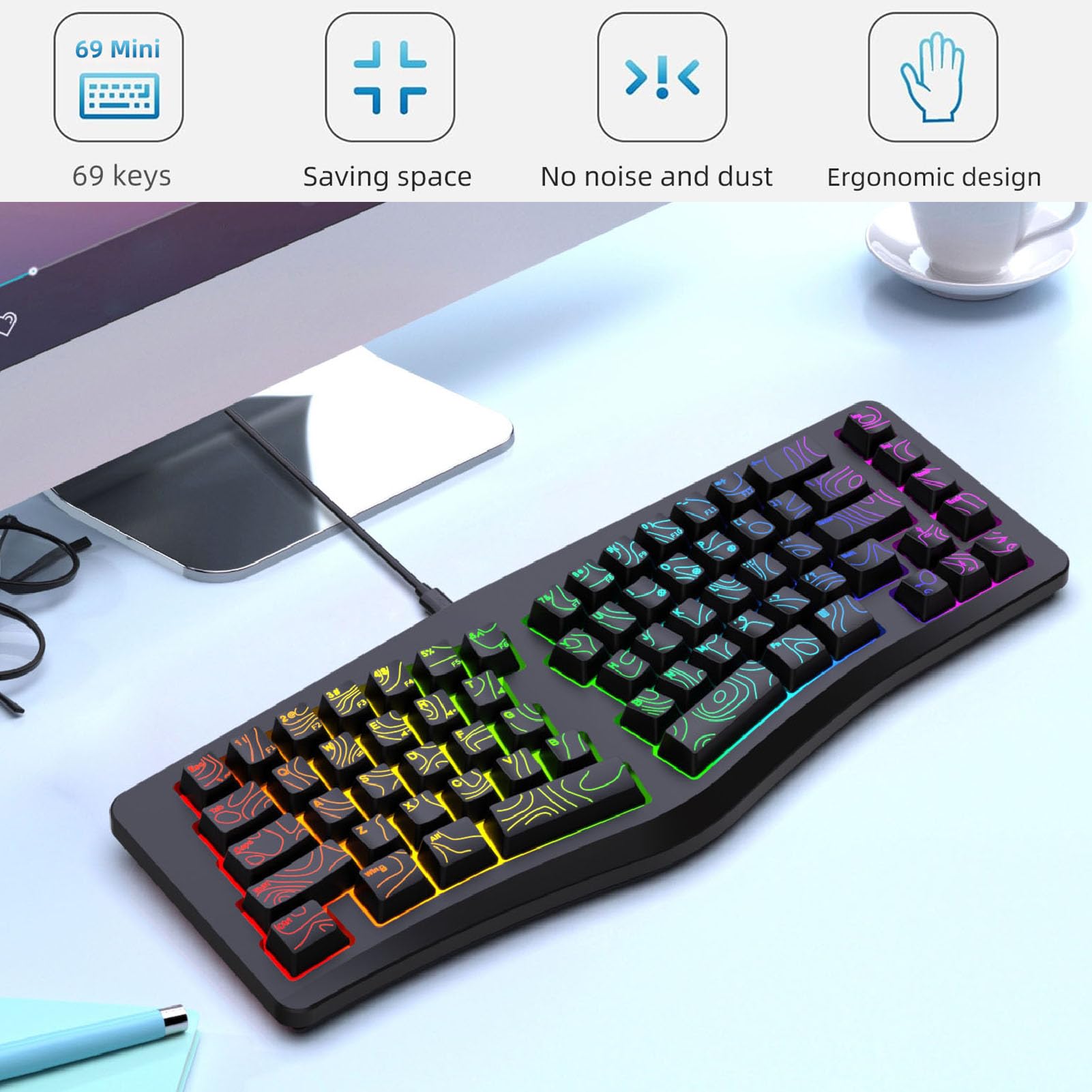 Goshyda Tastiera da Gioco Ergonomica Cablata, Tastiera Divisa a Forma di V con Retroilluminazione RGB Colorata, per Computer Desktop Portatile