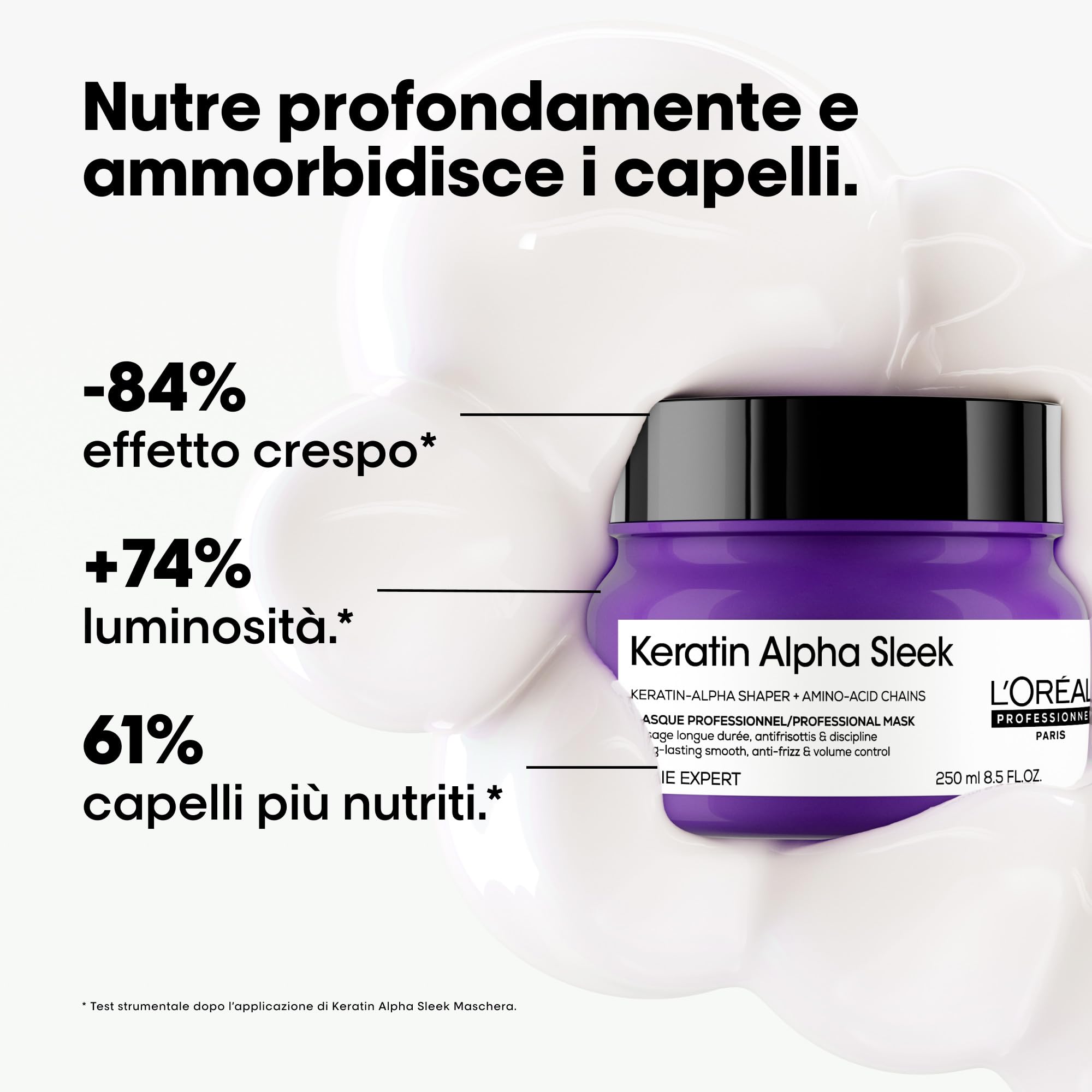 L'Oréal Professionnel, Maschera Anticrespo e Disciplinante, Per Tutti i Tipi di Capelli, Capelli Più Morbidi e Luminosi, Con Keratin-Alpha shaper e Aminoacidi, Keratin Alpha Sleek, 250 ml