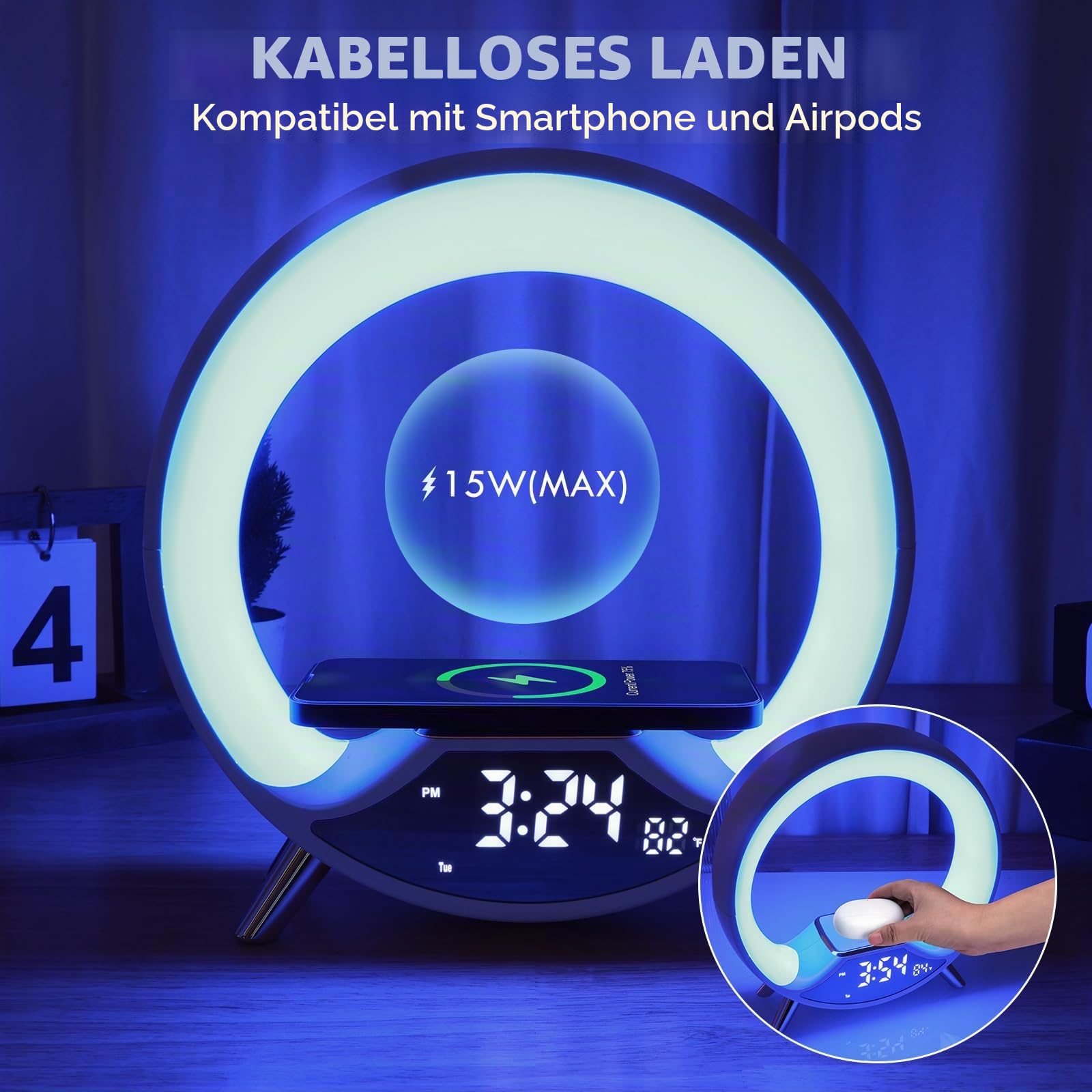 Cuteefun Tageslichtwecker mit 15W Drahtloser Ladestation, Weiß