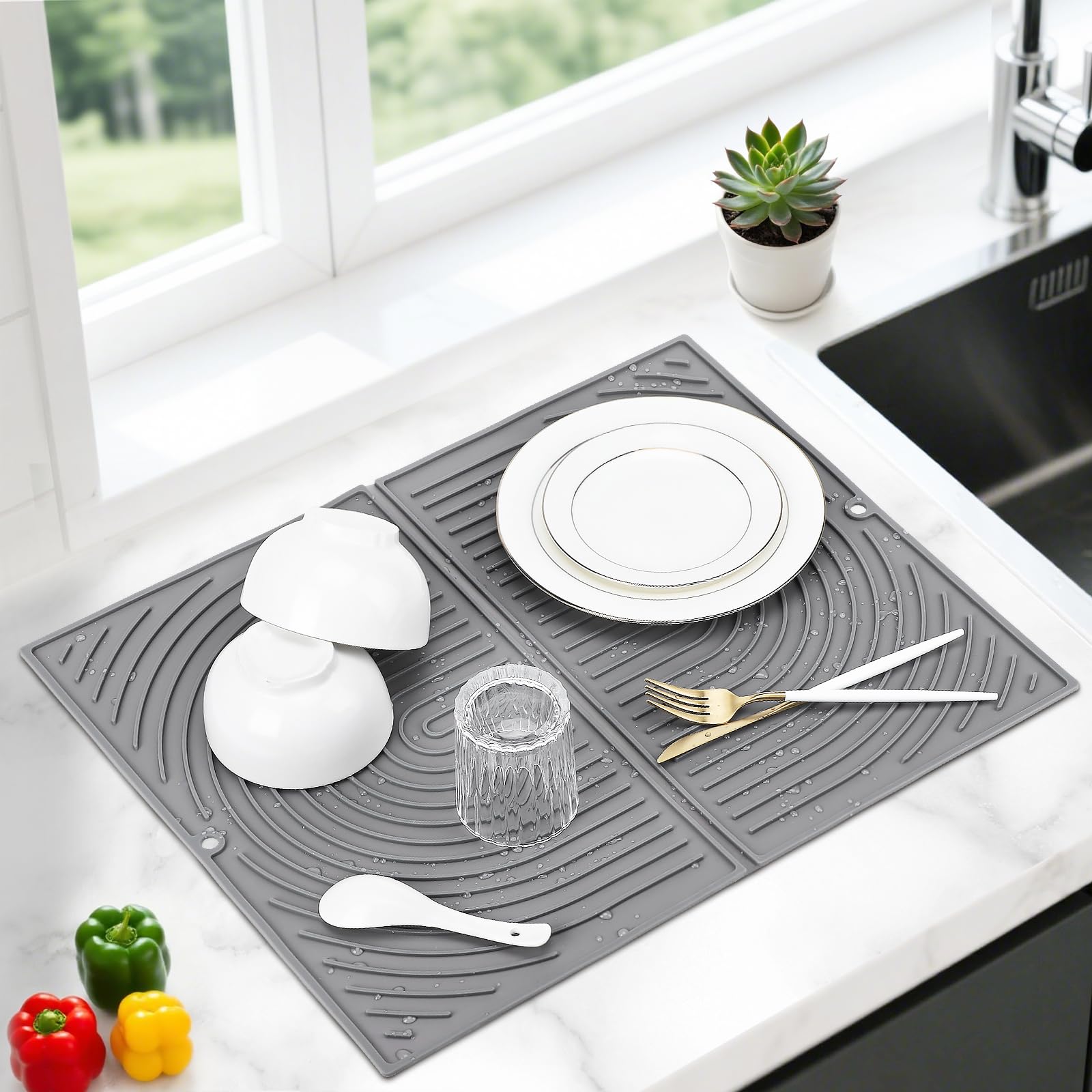Silicone Draining Board Mats, Large Dish Drying Mat for Kitchen Counter, Folding Sink Drainer Mat, Non-Slip Silicone Trivet, Quick Drying, Heat Resistant, for Sink Countertop, 51×41cm (Grey)