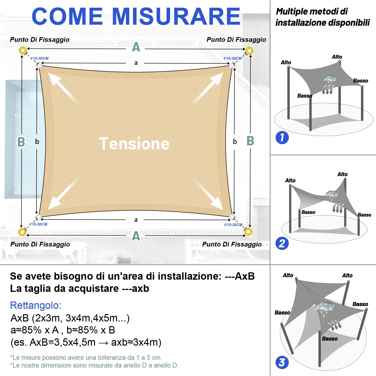 Tenda a Vela Impermeabile 3x4m Rettangolare Protezione UV 95% Giardino Terrazza Patio Sabbia