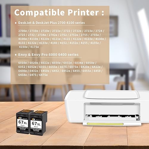Miniatura 2 de XJI Cartuchos de tinta remanufacturados de repuesto para impresora HP Ink 67XL 67 XL (negro, paquete de 2), para impresora Deskjet Plus 2700 4100