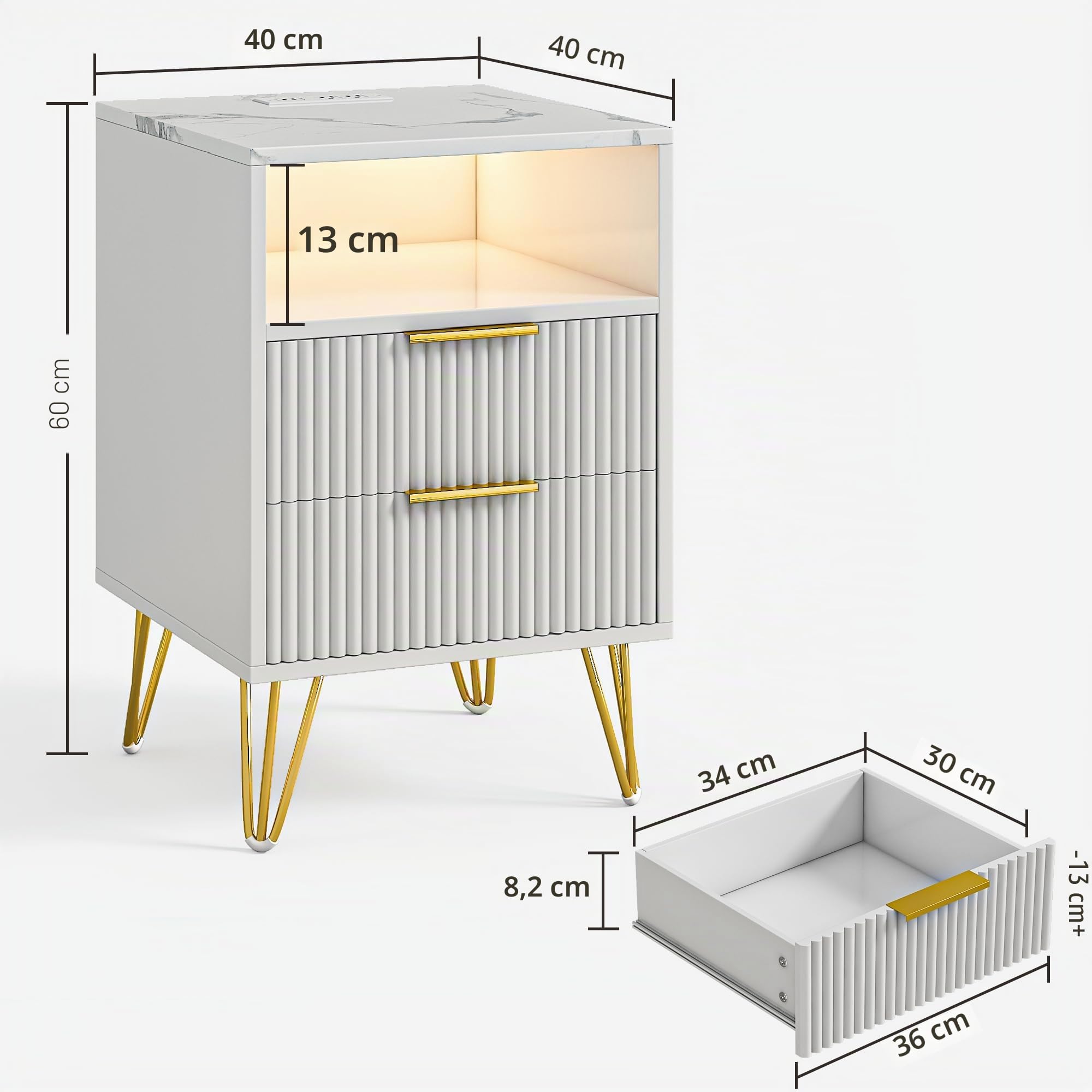 Table de Chevet Lot de 2 avec 2 Tiroirs, 60 cm Table de Nuit avec Lumière LED, Moderne et Polyvalente Table de Nuit avec Ports USB et Prises électriques pour Chambre, Salon, Bureau (Blanc)